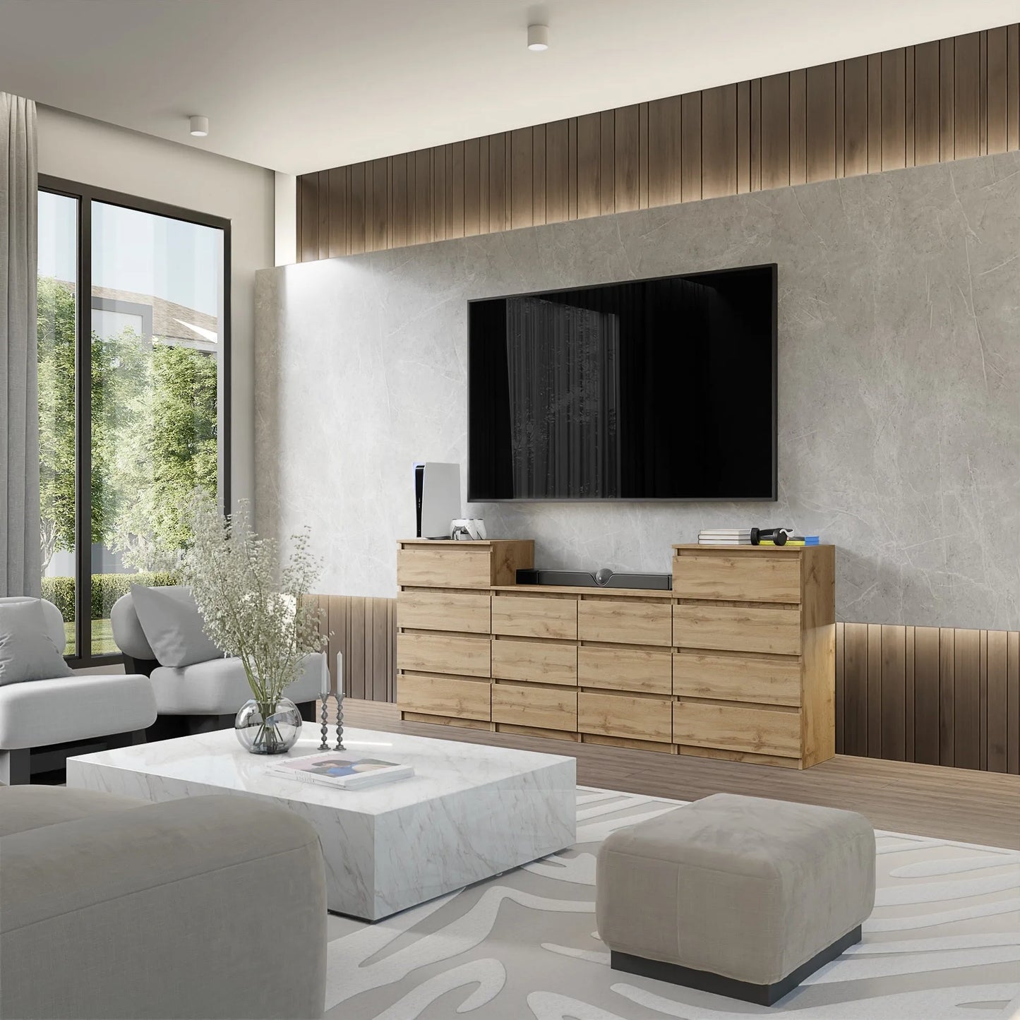 GABRIEL - Kommode / Sideboard mit 14 Schubladen (4+6+4) - Wotan Eiche H92/70cm B220cm T33cm – Furnica