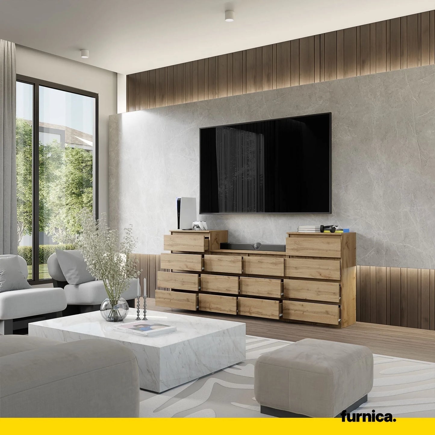 GABRIEL - Kommode / Sideboard mit 14 Schubladen (4+6+4) - Wotan Eiche H92/70cm B220cm T33cm – Furnica