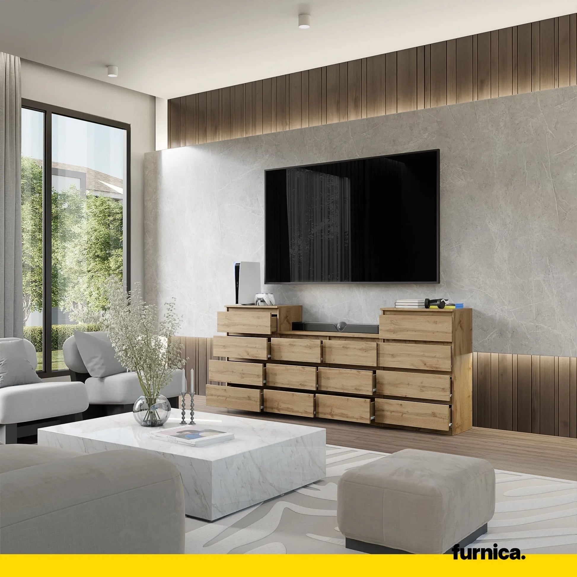 GABRIEL - Kommode / Sideboard mit 14 Schubladen (4+6+4) - Wotan Eiche H92/70cm B220cm T33cm – Furnica