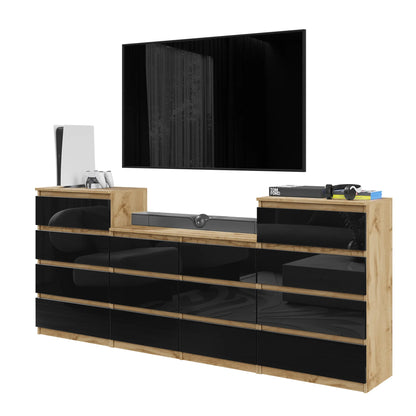 GABRIEL - Kommode / Sideboard mit 14 Schubladen (4+6+4) - Wotan Eiche / Schwarz Gloss H92/70cm B220cm T33cm – Furnica
