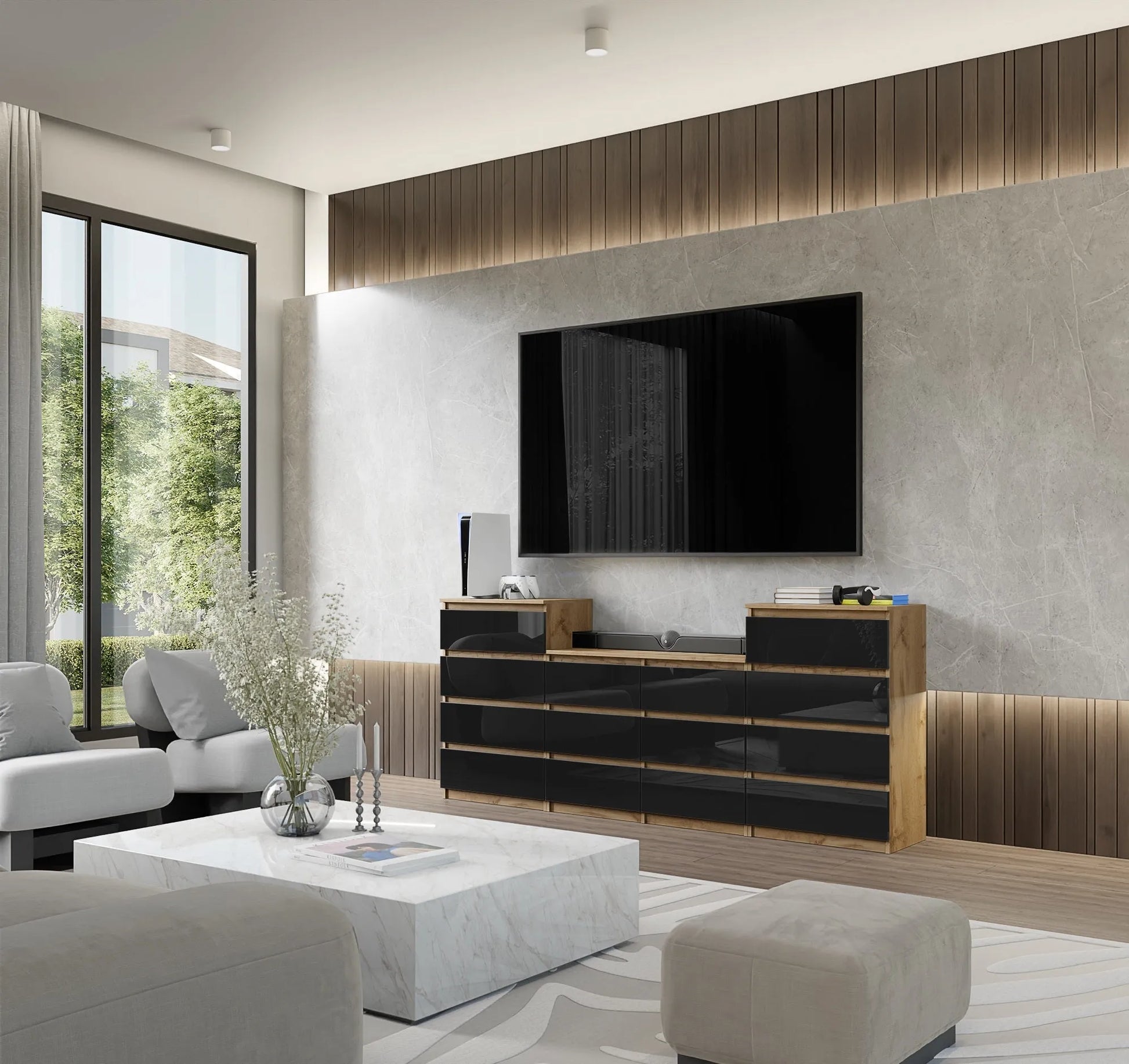 GABRIEL - Kommode / Sideboard mit 14 Schubladen (4+6+4) - Wotan Eiche / Schwarz Gloss H92/70cm B220cm T33cm – Furnica