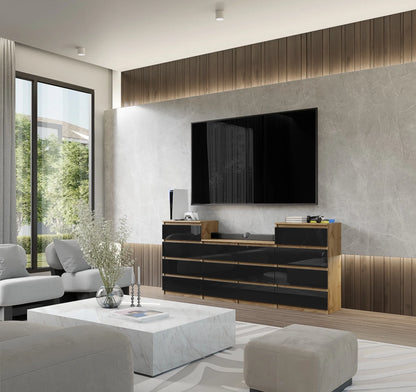 GABRIEL - Kommode / Sideboard mit 14 Schubladen (4+6+4) - Wotan Eiche / Schwarz Gloss H92/70cm B220cm T33cm – Furnica
