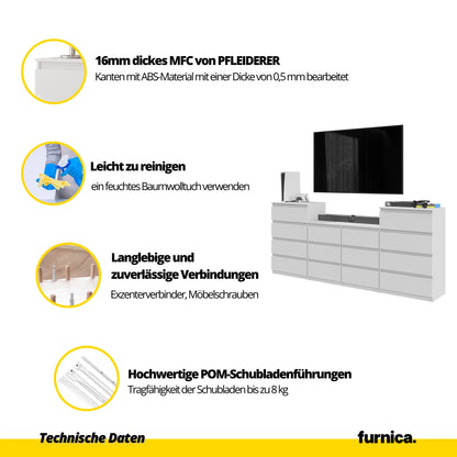 GABRIEL - Kommode / Sideboard mit 14 Schubladen (4+6+4) - Wotan Eiche / Schwarz Gloss H92/70cm B220cm T33cm – Furnica