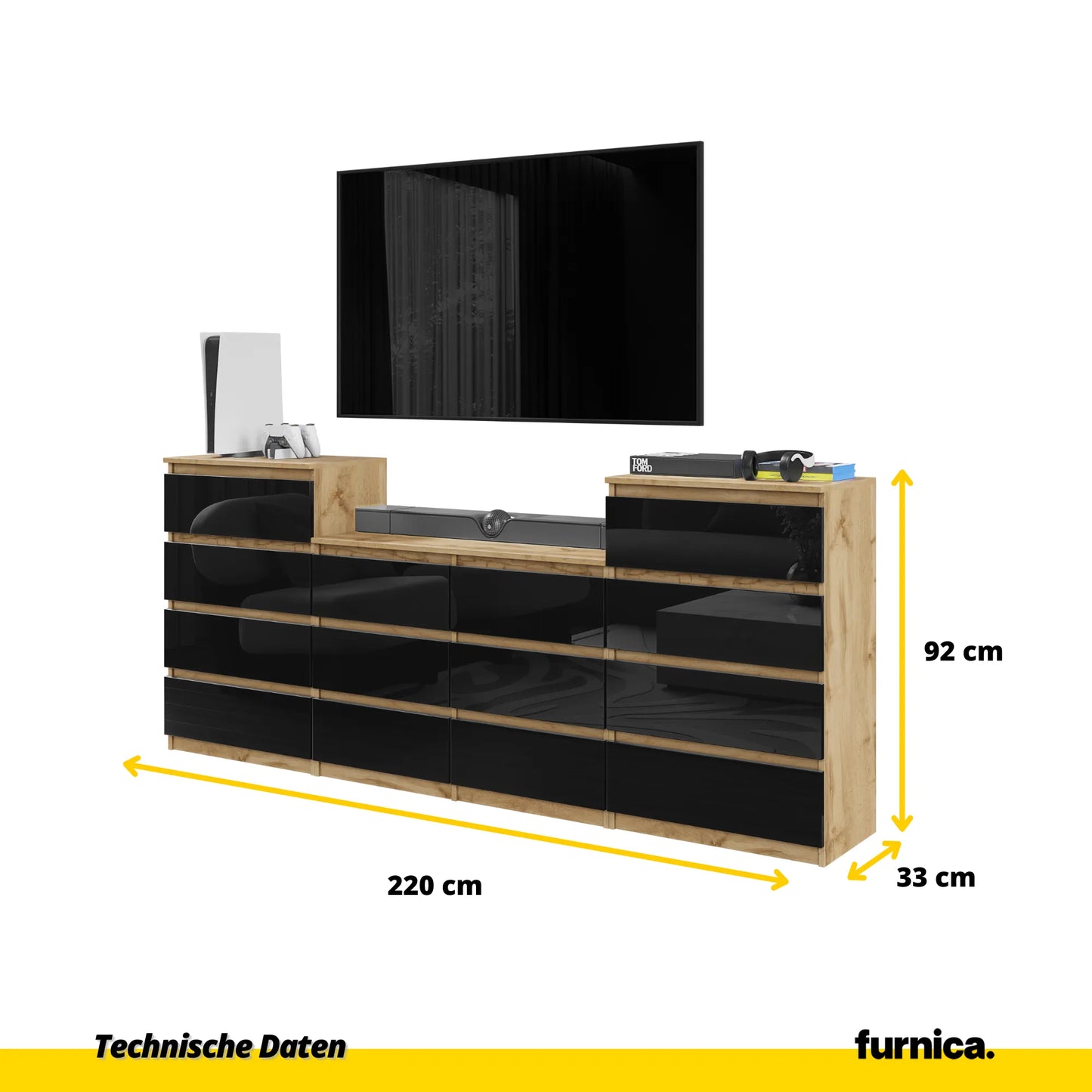 GABRIEL - Kommode / Sideboard mit 14 Schubladen (4+6+4) - Wotan Eiche / Schwarz Gloss H92/70cm B220cm T33cm – Furnica