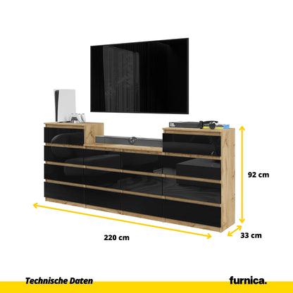 GABRIEL - Kommode / Sideboard mit 14 Schubladen (4+6+4) - Wotan Eiche / Schwarz Gloss H92/70cm B220cm T33cm – Furnica