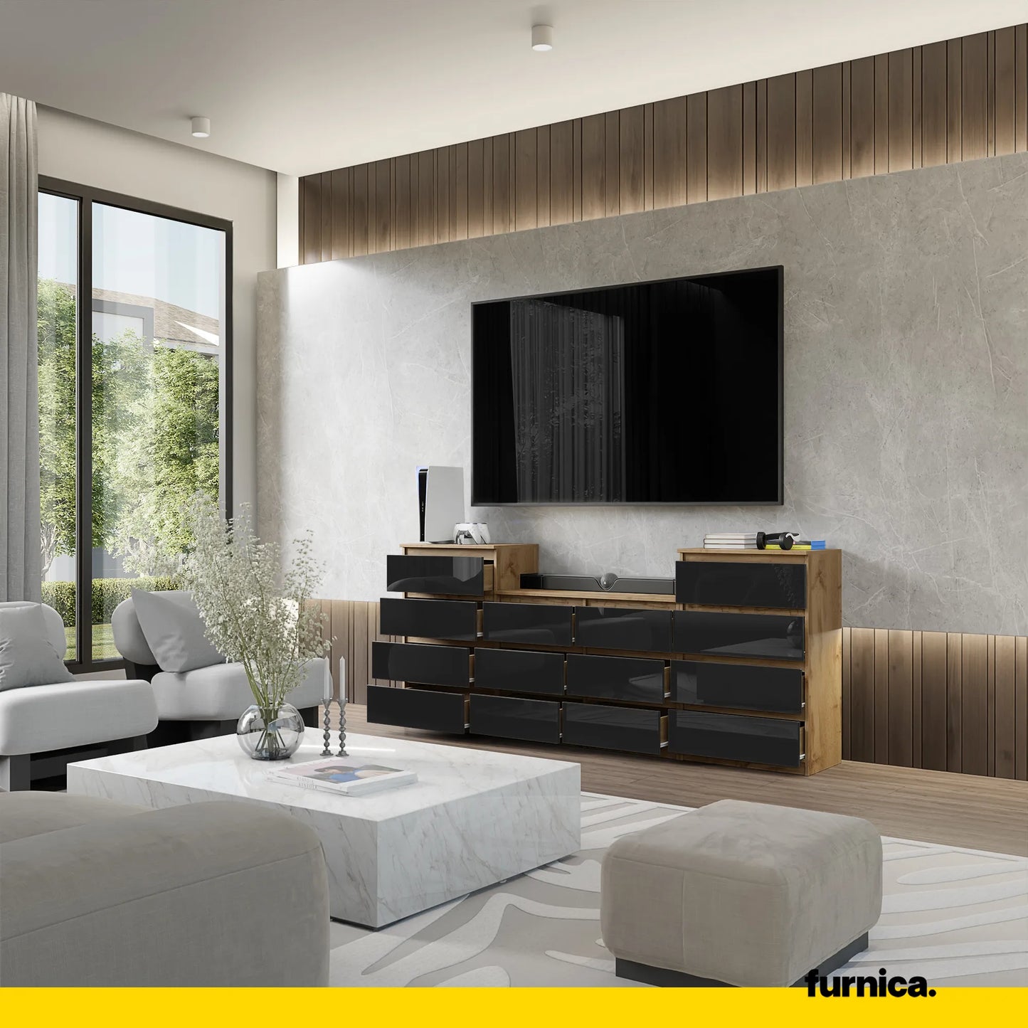 GABRIEL - Kommode / Sideboard mit 14 Schubladen (4+6+4) - Wotan Eiche / Schwarz Gloss H92/70cm B220cm T33cm – Furnica