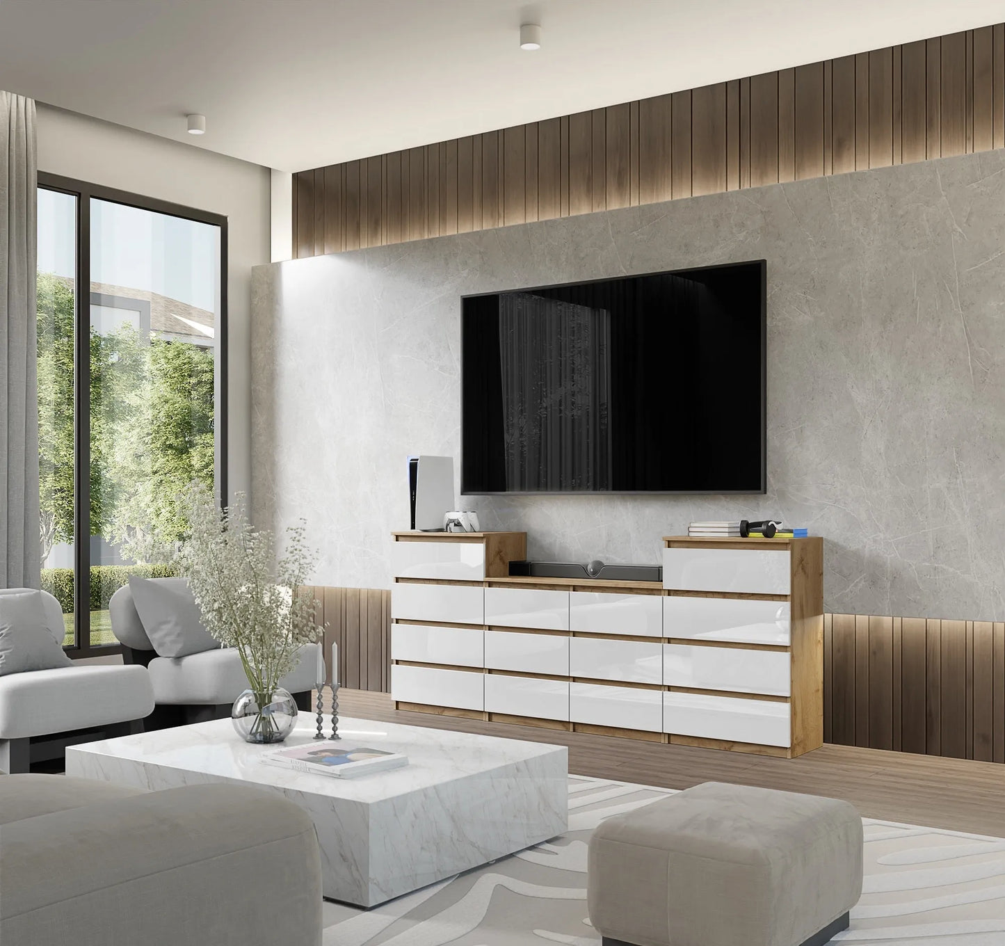 GABRIEL - Kommode / Sideboard mit 14 Schubladen (4+6+4) - Wotan Eiche / Weiß Gloss H92/70cm B220cm T33cm – Furnica