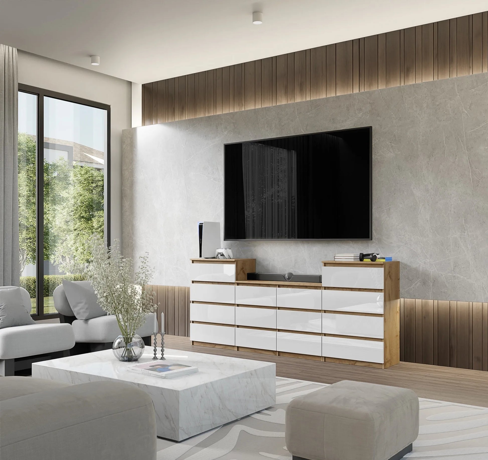 GABRIEL - Kommode / Sideboard mit 14 Schubladen (4+6+4) - Wotan Eiche / Weiß Gloss H92/70cm B220cm T33cm – Furnica