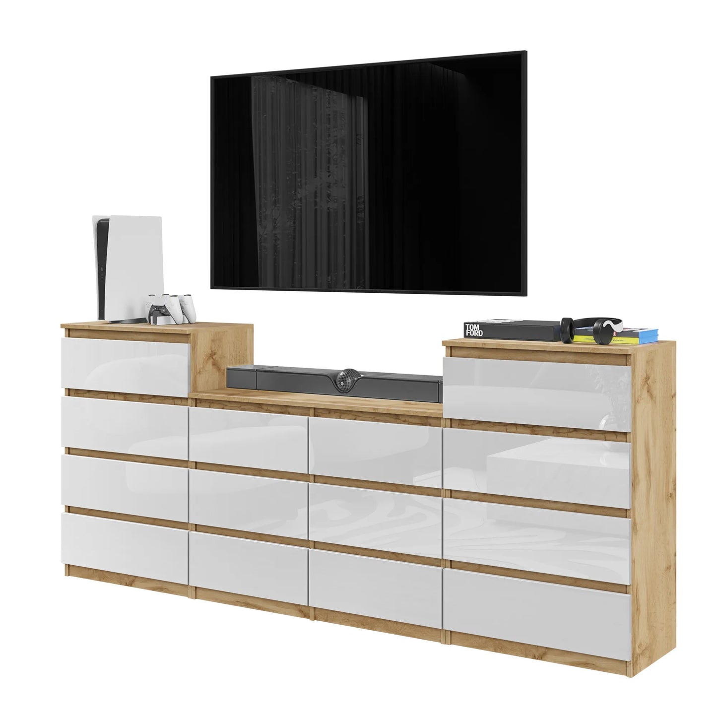GABRIEL - Kommode / Sideboard mit 14 Schubladen (4+6+4) - Wotan Eiche / Weiß Gloss H92/70cm B220cm T33cm – Furnica