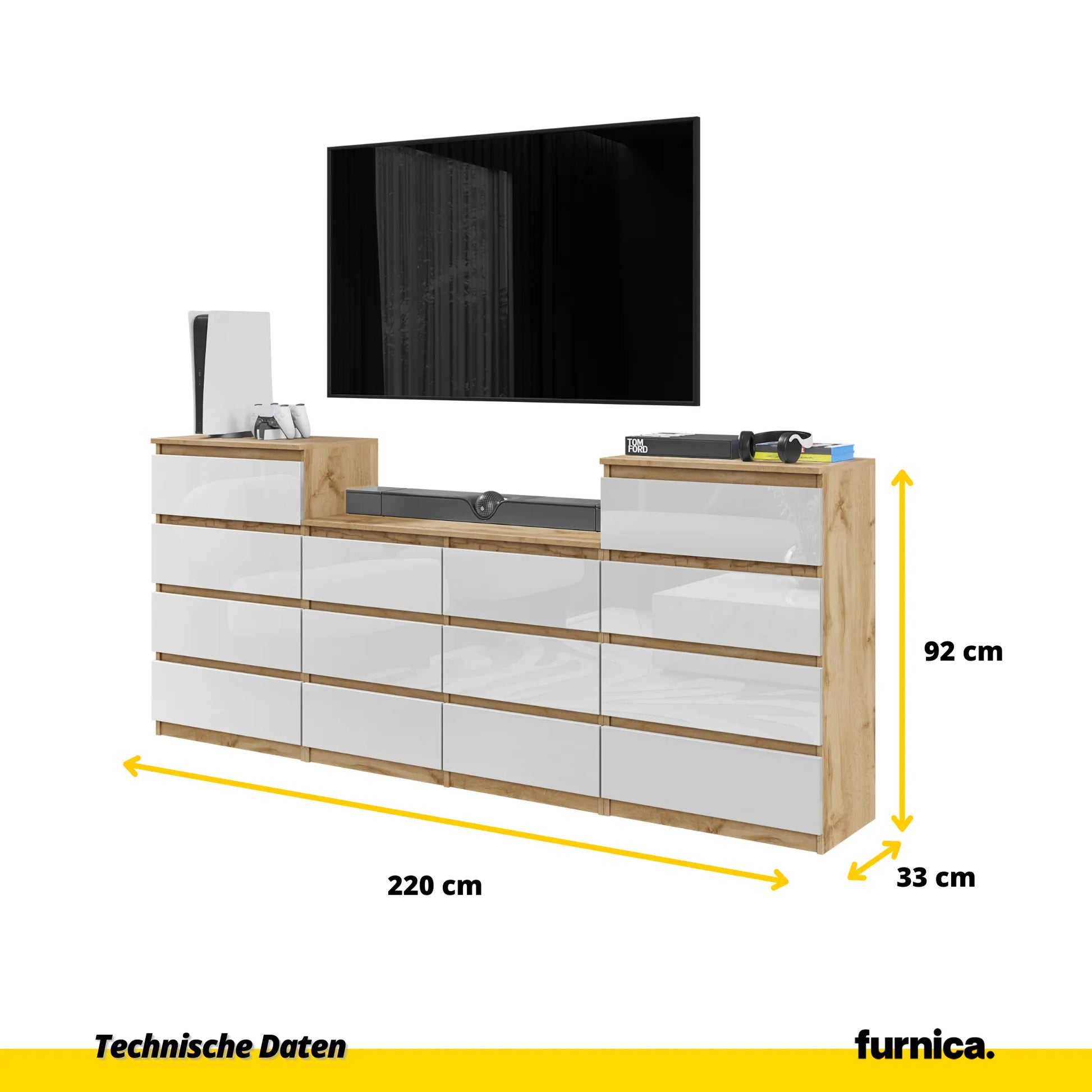 GABRIEL - Kommode / Sideboard mit 14 Schubladen (4+6+4) - Wotan Eiche / Weiß Gloss H92/70cm B220cm T33cm – Furnica