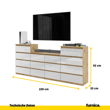 GABRIEL - Kommode / Sideboard mit 14 Schubladen (4+6+4) - Wotan Eiche / Weiß Gloss H92/70cm B220cm T33cm – Furnica