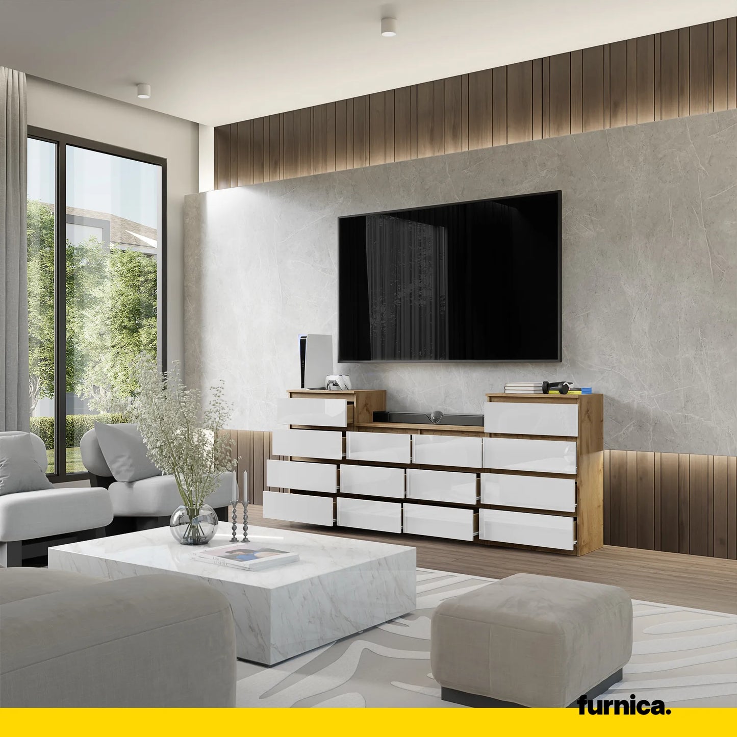GABRIEL - Kommode / Sideboard mit 14 Schubladen (4+6+4) - Wotan Eiche / Weiß Gloss H92/70cm B220cm T33cm – Furnica