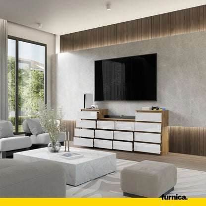 GABRIEL - Kommode / Sideboard mit 14 Schubladen (4+6+4) - Wotan Eiche / Weiß Gloss H92/70cm B220cm T33cm – Furnica