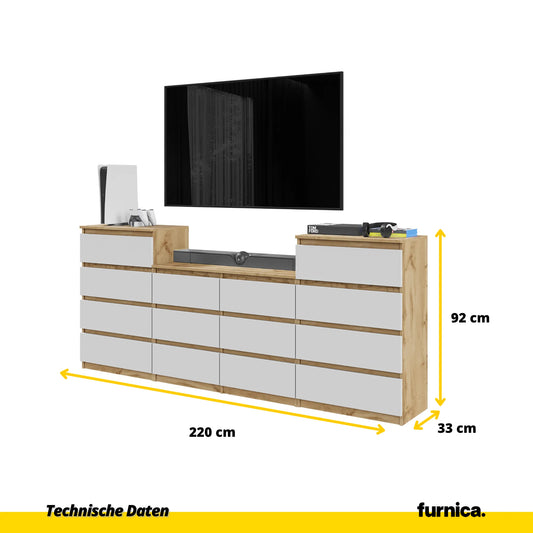 GABRIEL - Kommode / Sideboard mit 14 Schubladen (4+6+4) - Wotan Eiche / Weiß Matt H92/70cm B220cm T33cm – Furnica