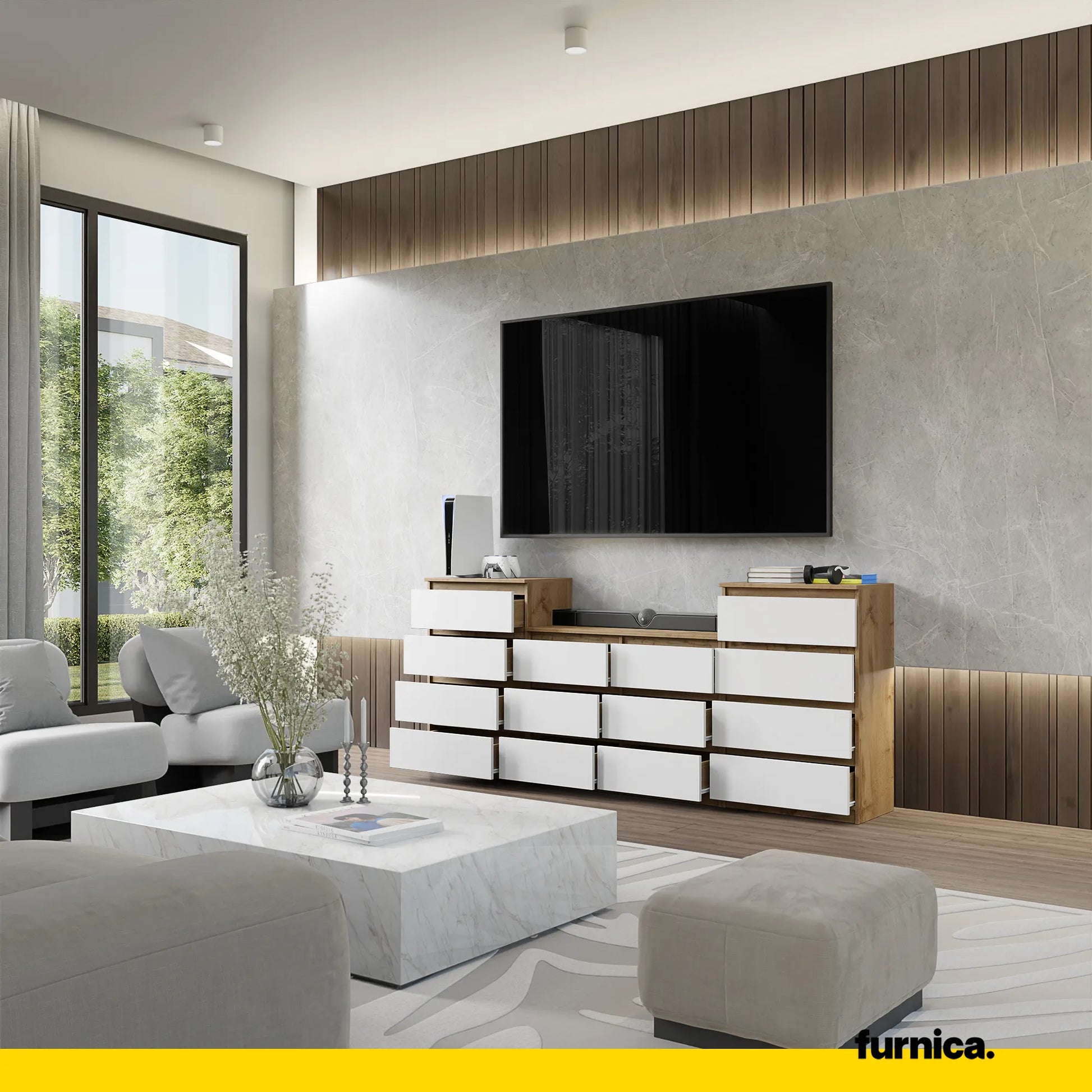GABRIEL - Kommode / Sideboard mit 14 Schubladen (4+6+4) - Wotan Eiche / Weiß Matt H92/70cm B220cm T33cm – Furnica