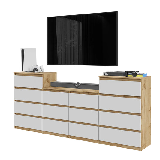 GABRIEL - Kommode / Sideboard mit 14 Schubladen (4+6+4) - Wotan Eiche / Weiß Matt H92/70cm B220cm T33cm – Furnica