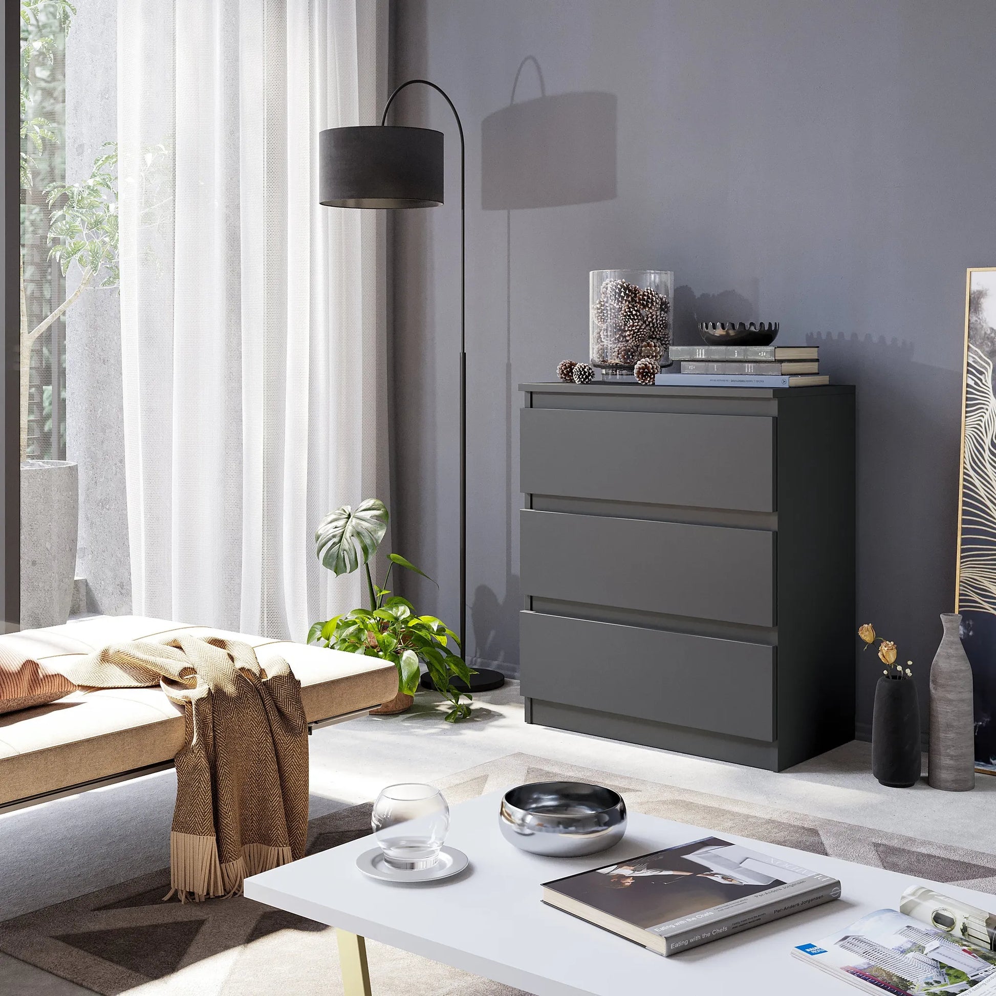 GABRIEL - Kommode / Sideboard mit 3 Schubladen - Anthrazit Grau H72cm B60cm T33cm – Furnica