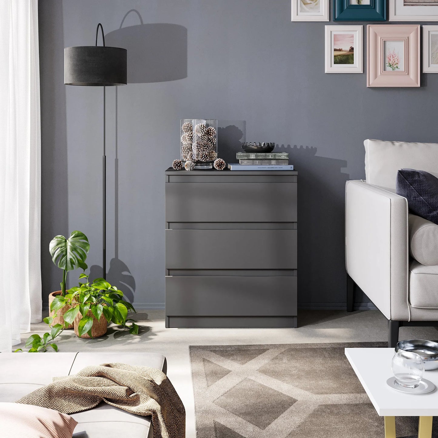 GABRIEL - Kommode / Sideboard mit 3 Schubladen - Anthrazit Grau H72cm B60cm T33cm – Furnica