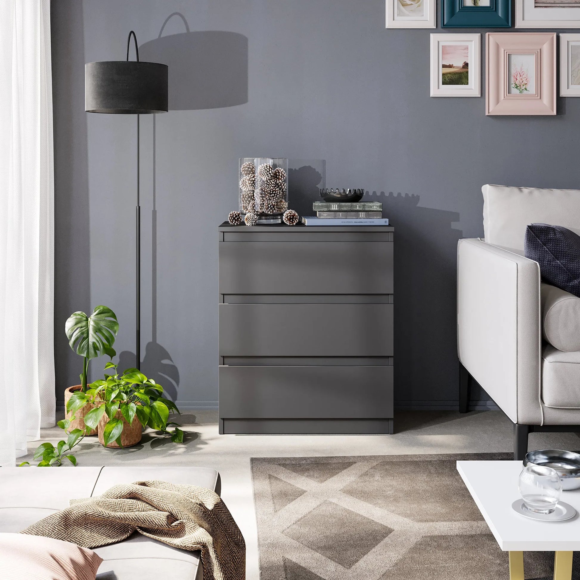GABRIEL - Kommode / Sideboard mit 3 Schubladen - Anthrazit Grau H72cm B60cm T33cm – Furnica