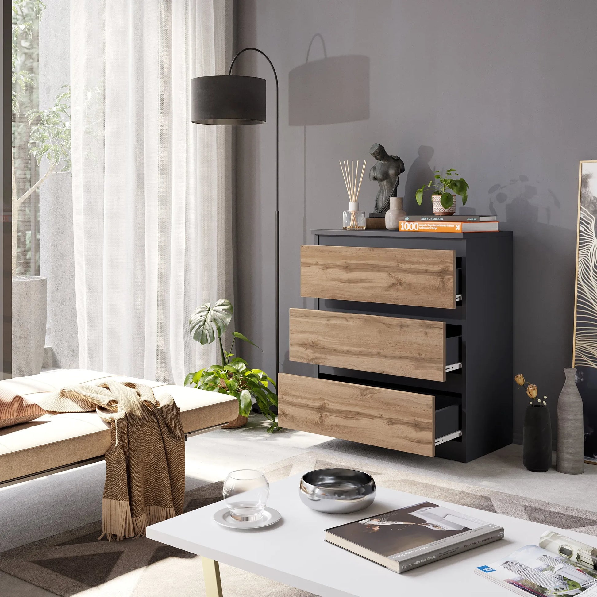 GABRIEL - Kommode / Sideboard mit 3 Schubladen - Anthrazit Grau / Wotan Eiche H72cm B60cm T33cm – Furnica