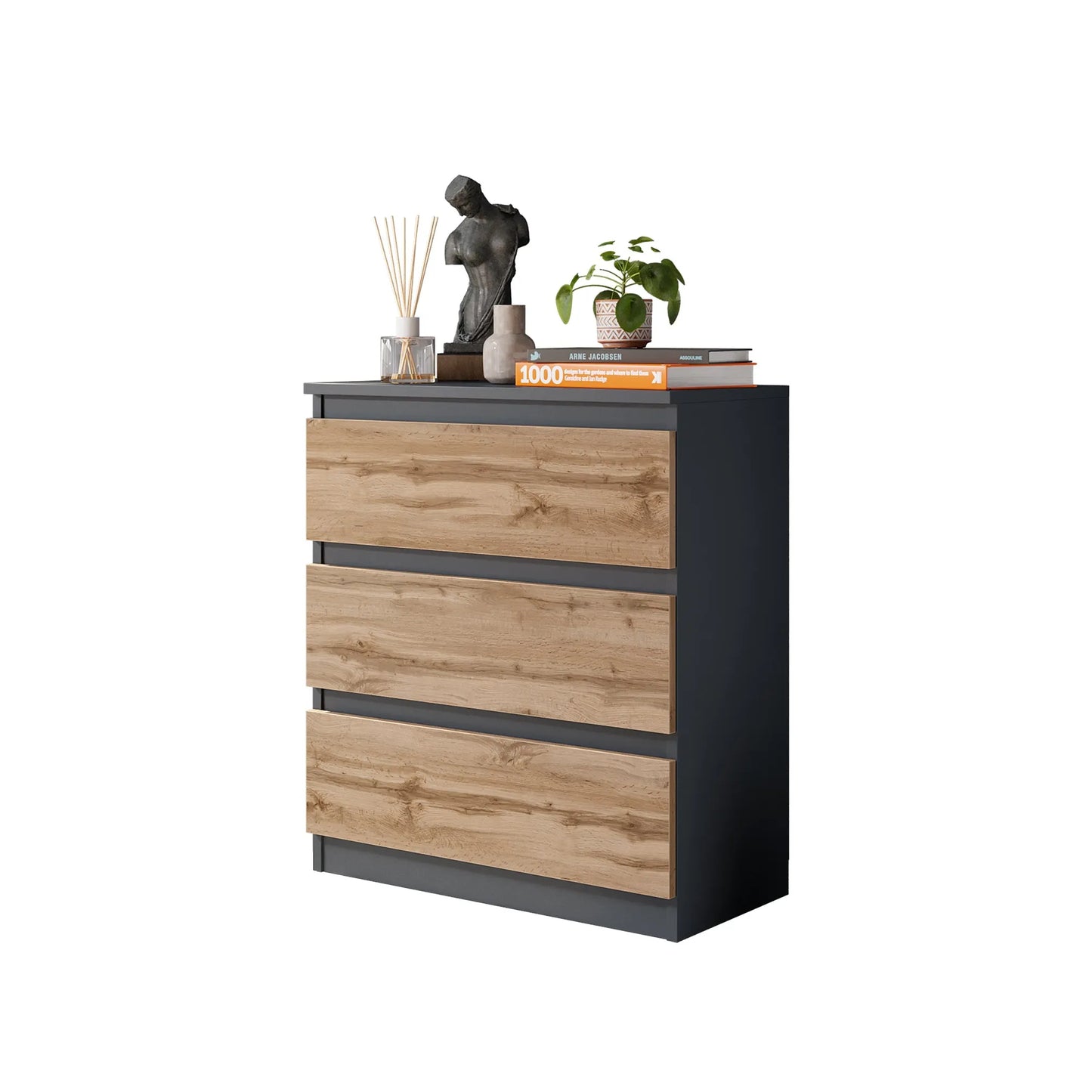 GABRIEL - Kommode / Sideboard mit 3 Schubladen - Anthrazit Grau / Wotan Eiche H72cm B60cm T33cm – Furnica