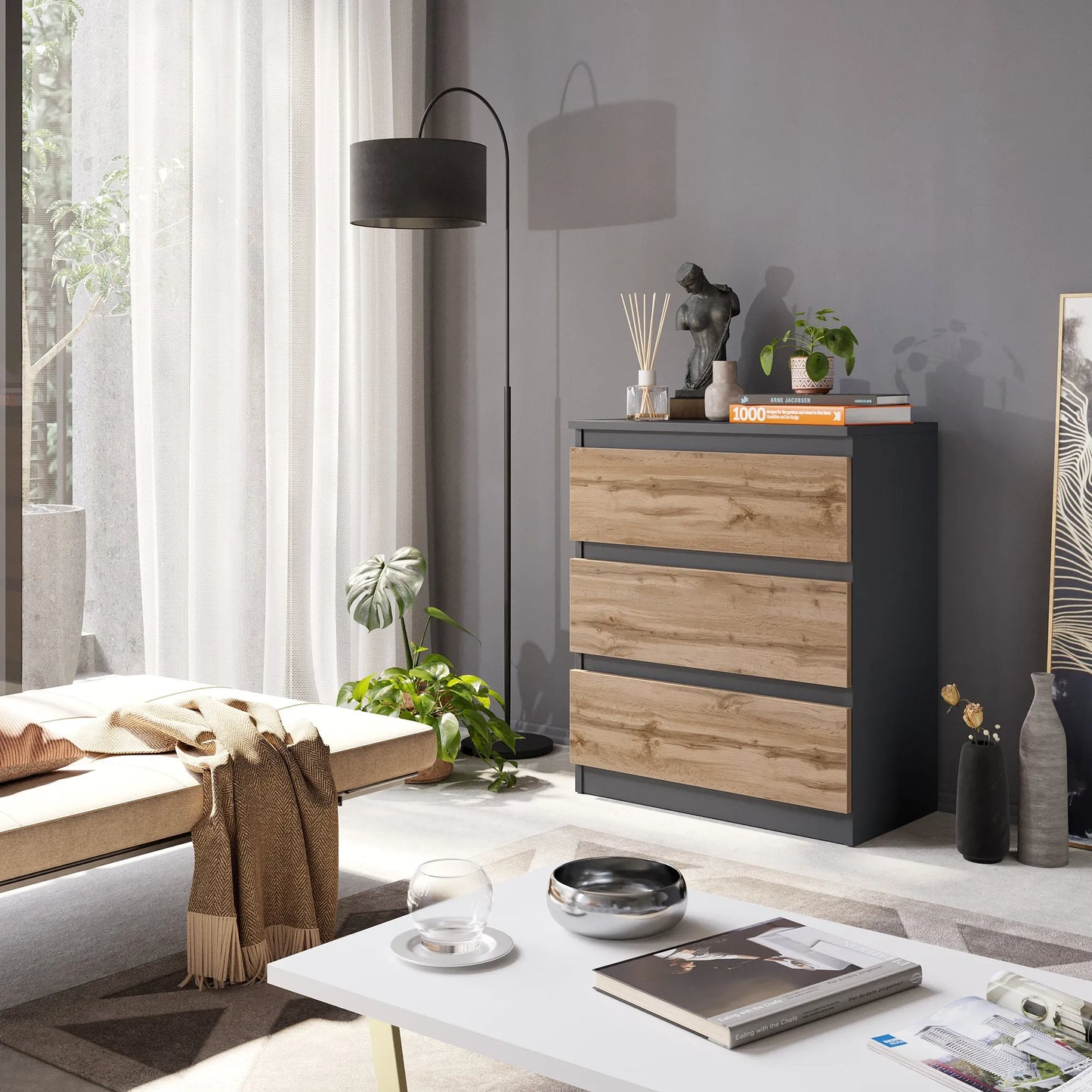 GABRIEL - Kommode / Sideboard mit 3 Schubladen - Anthrazit Grau / Wotan Eiche H72cm B60cm T33cm – Furnica