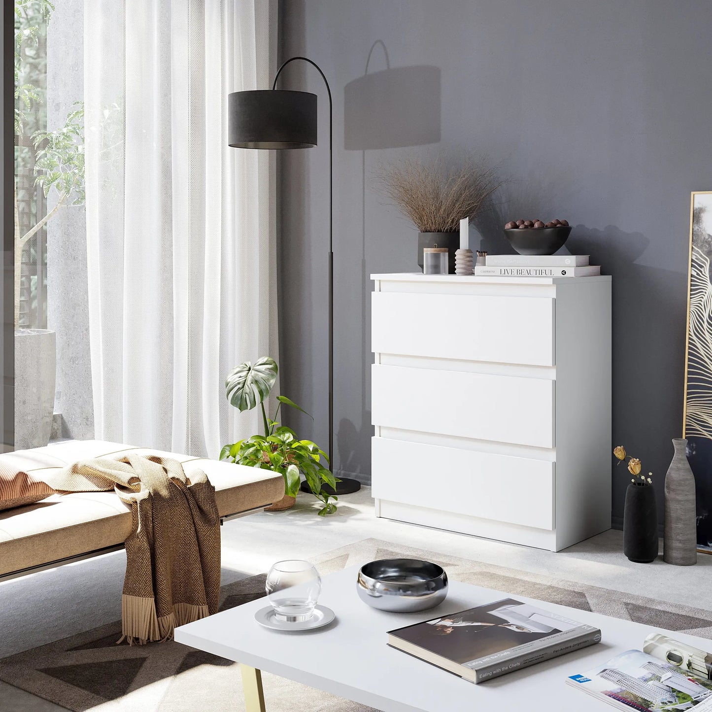 GABRIEL - Kommode / Sideboard mit 3 Schubladen - Weiß Matt H72cm B60cm T33cm – Furnica
