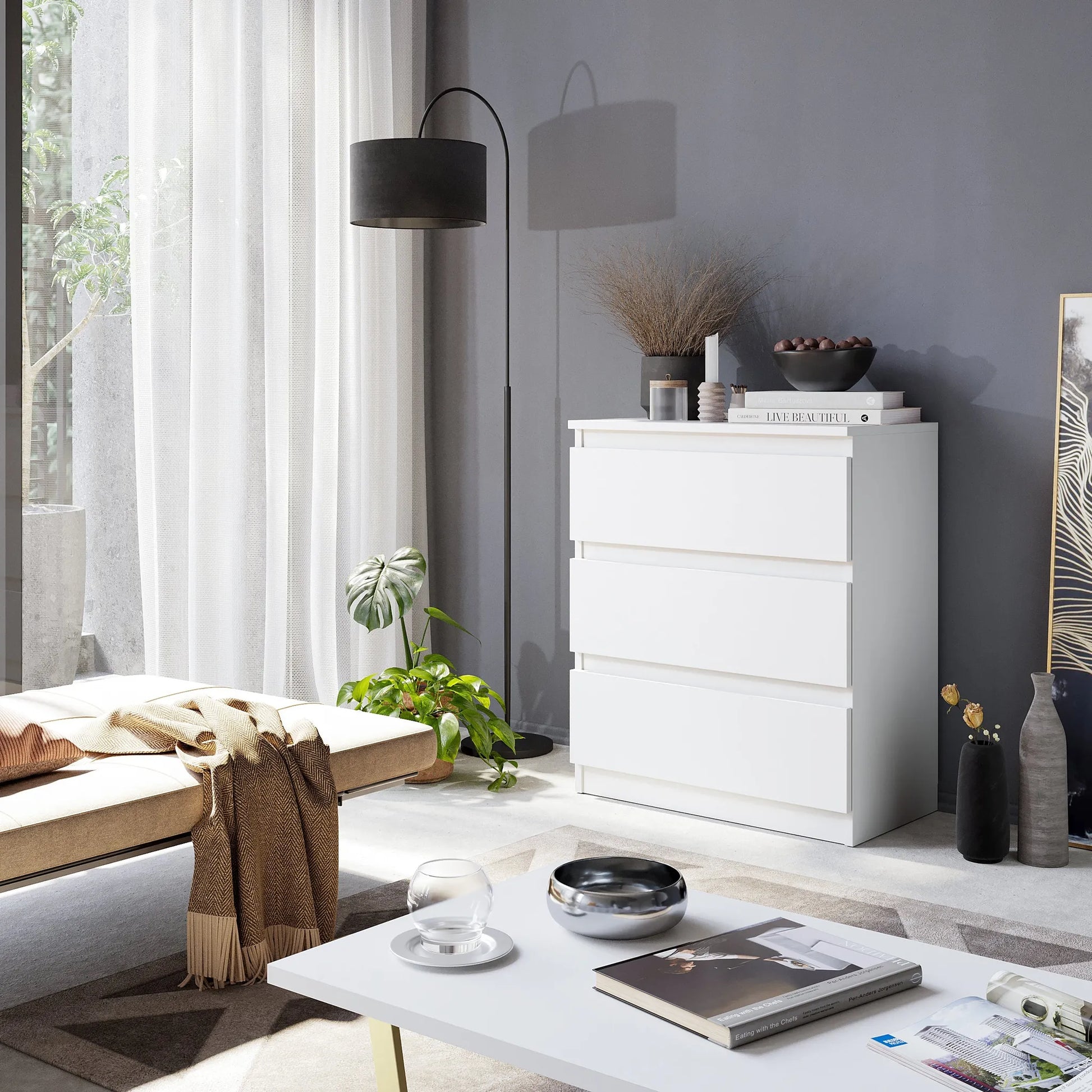 GABRIEL - Kommode / Sideboard mit 3 Schubladen - Weiß Matt H72cm B60cm T33cm – Furnica