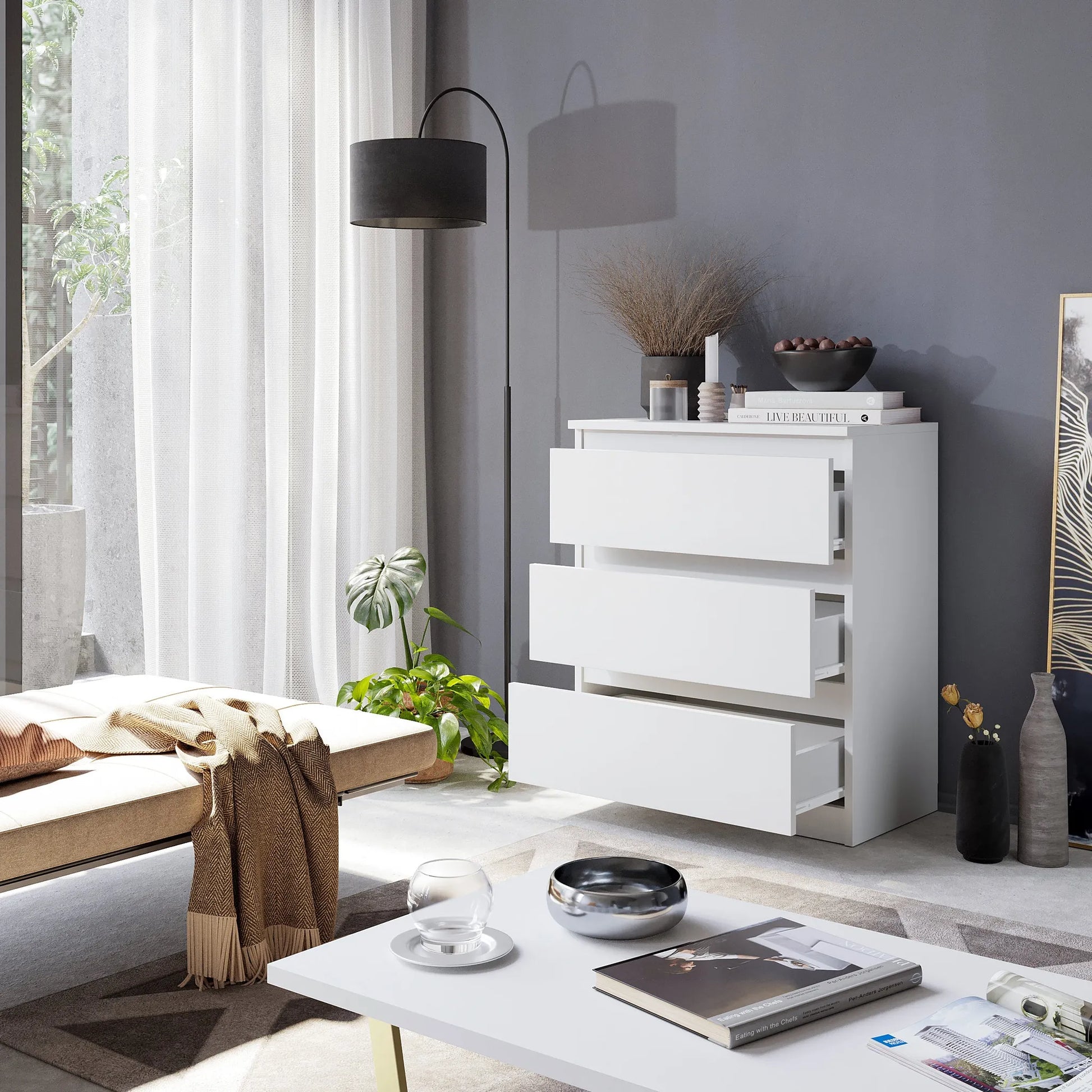 GABRIEL - Kommode / Sideboard mit 3 Schubladen - Weiß Matt H72cm B60cm T33cm – Furnica