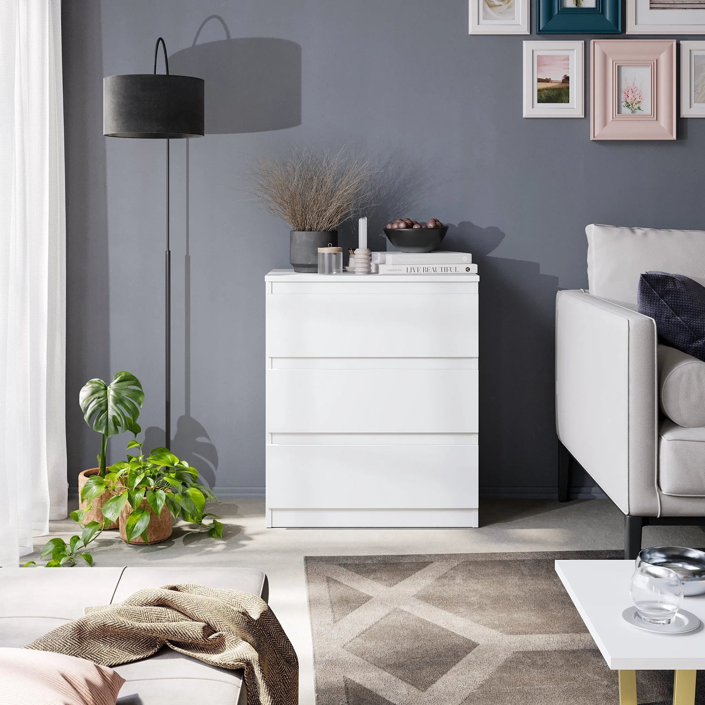 GABRIEL - Kommode / Sideboard mit 3 Schubladen - Weiß Matt H72cm B60cm T33cm – Furnica