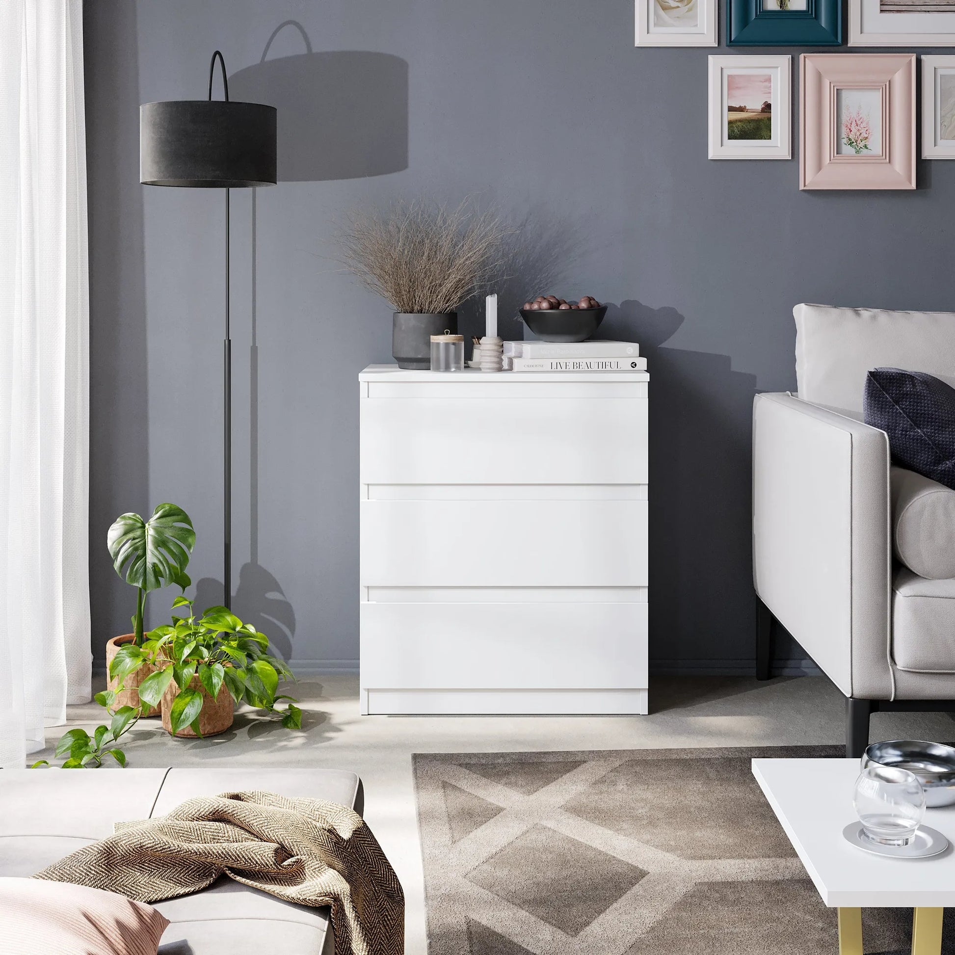GABRIEL - Kommode / Sideboard mit 3 Schubladen - Weiß Matt H72cm B60cm T33cm – Furnica