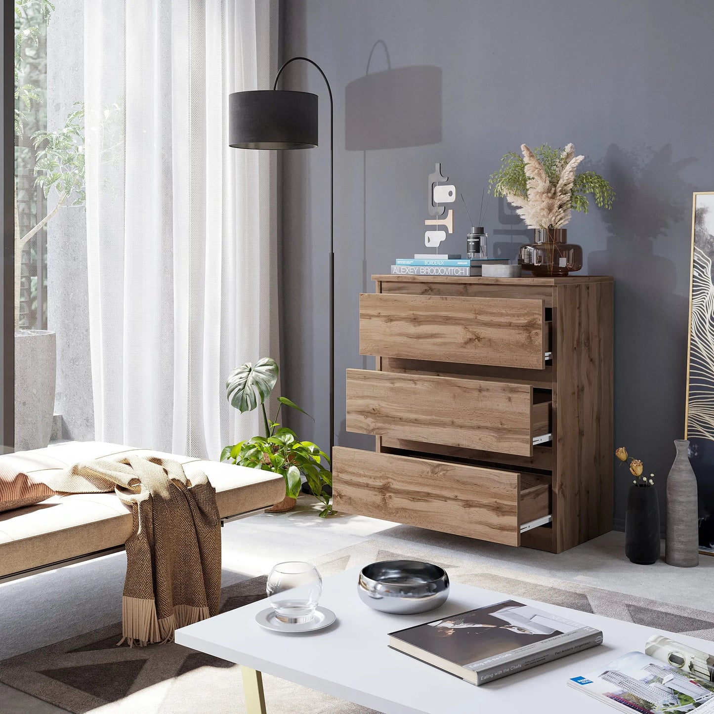 GABRIEL - Kommode / Sideboard mit 3 Schubladen - Wotan Eiche H72cm B60cm T33cm – Furnica