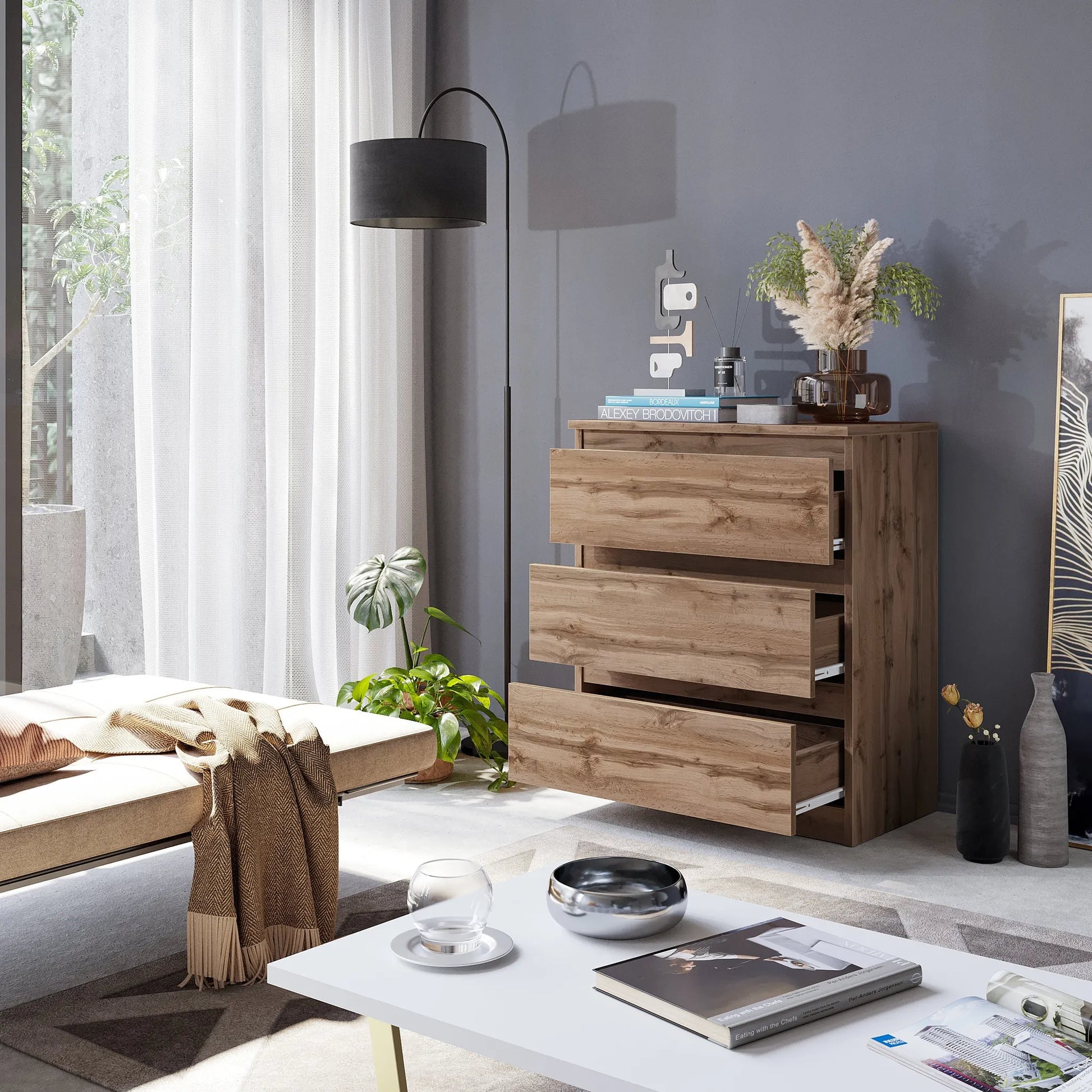 GABRIEL - Kommode / Sideboard mit 3 Schubladen - Wotan Eiche H72cm B60cm T33cm – Furnica