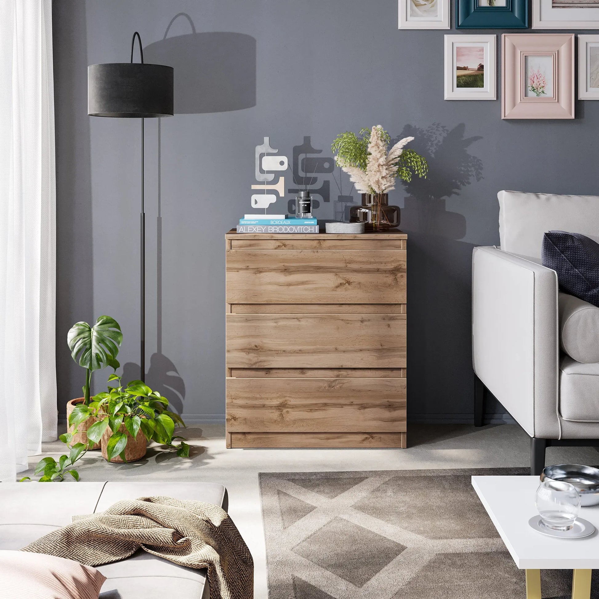 GABRIEL - Kommode / Sideboard mit 3 Schubladen - Wotan Eiche H72cm B60cm T33cm – Furnica