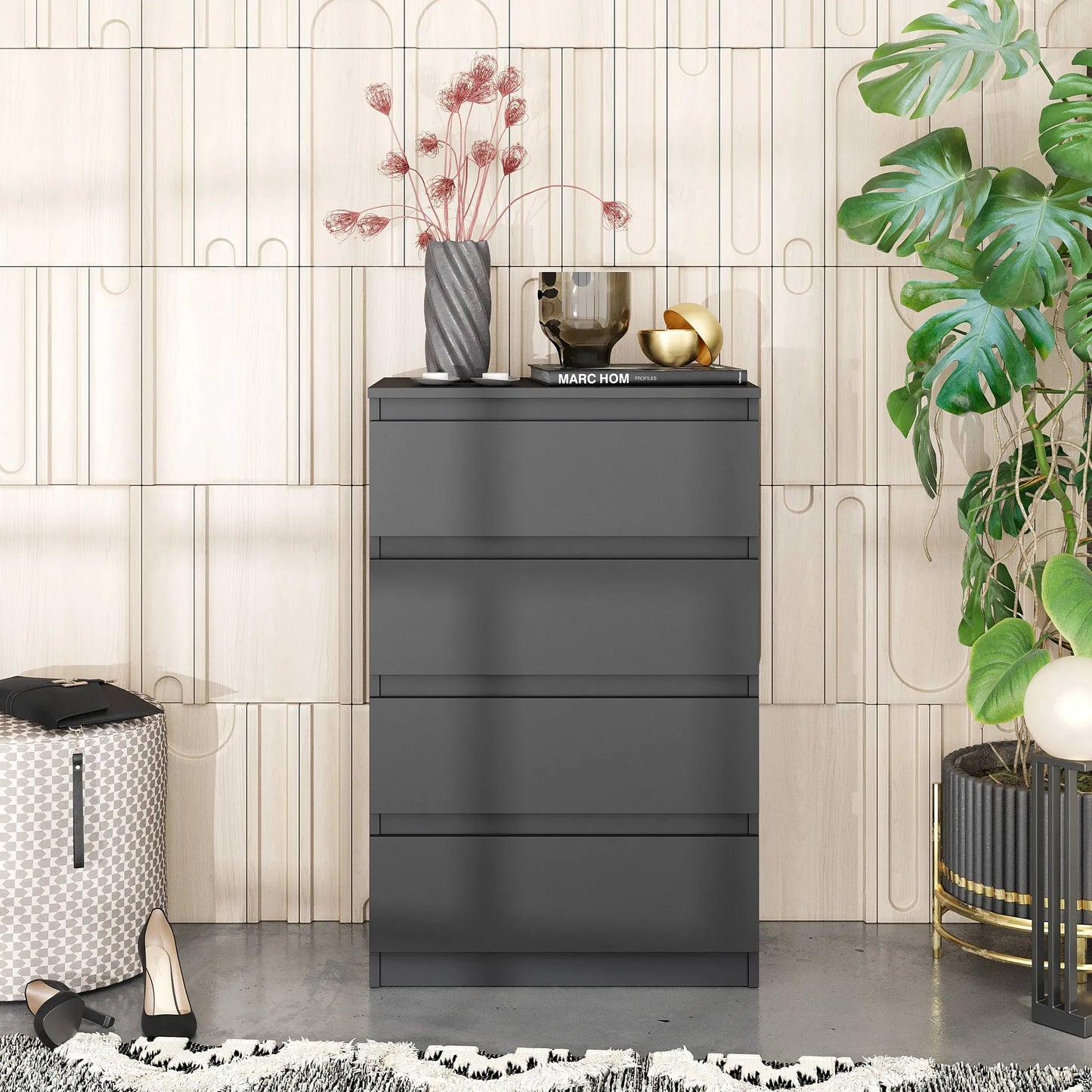 GABRIEL - Kommode / Sideboard mit 4 Schubladen - Anthrazit Grau H92cm B60cm T33cm – Furnica