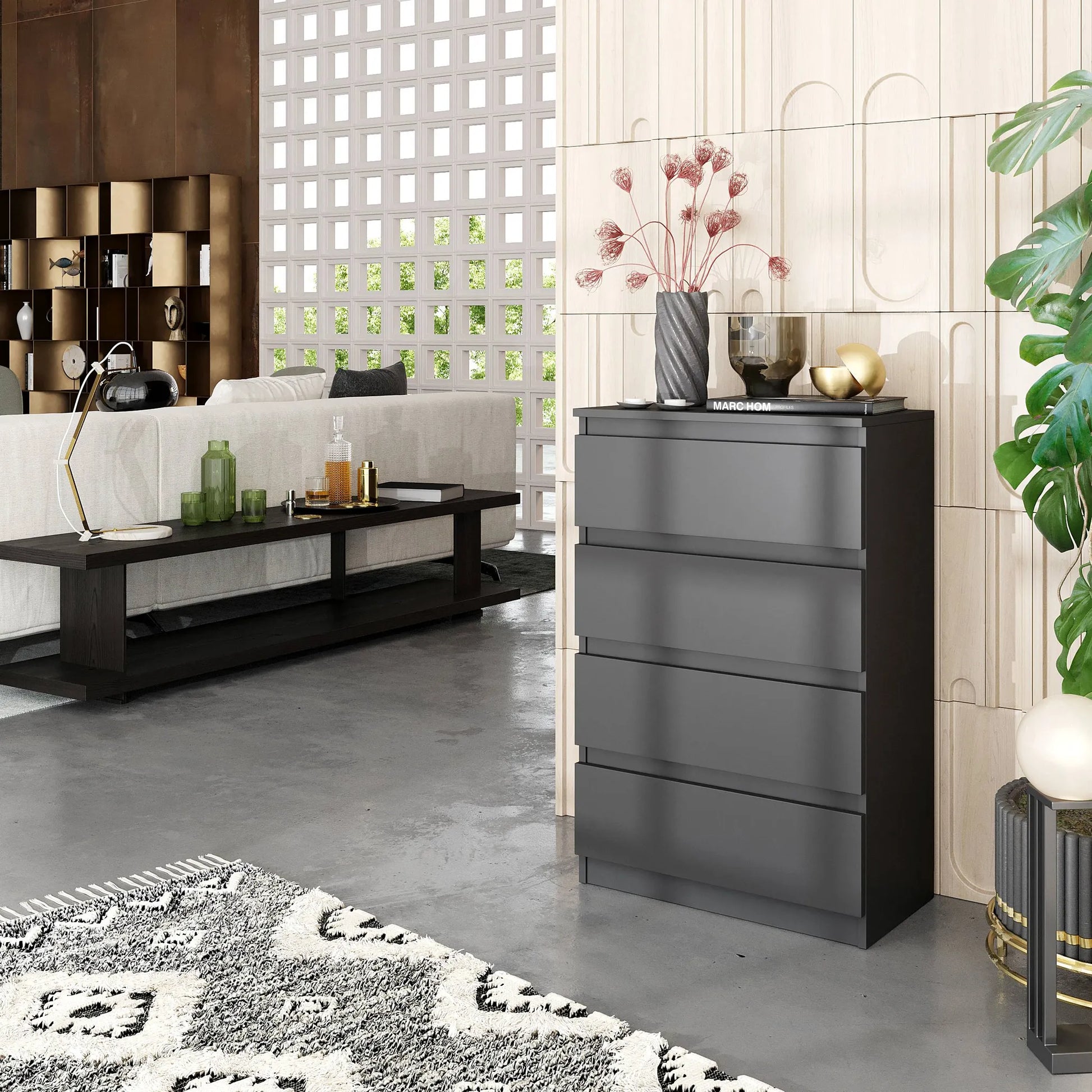 GABRIEL - Kommode / Sideboard mit 4 Schubladen - Anthrazit Grau H92cm B60cm T33cm – Furnica