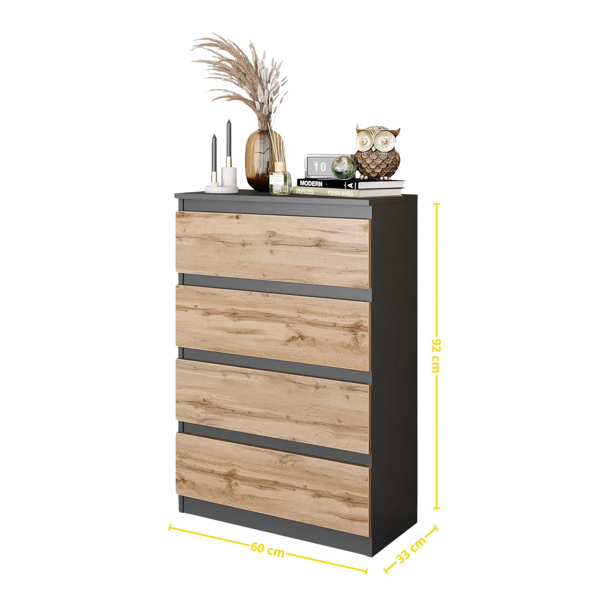GABRIEL - Kommode / Sideboard mit 4 Schubladen - Anthrazit Grau / Wotan Eiche H92cm B60cm T33cm – Furnica
