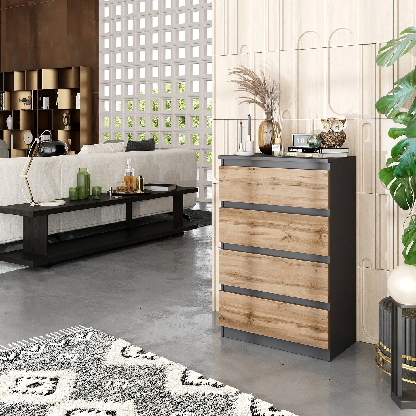 GABRIEL - Kommode / Sideboard mit 4 Schubladen - Anthrazit Grau / Wotan Eiche H92cm B60cm T33cm – Furnica