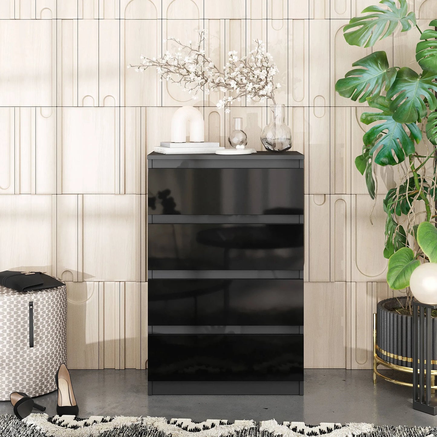 GABRIEL - Kommode / Sideboard mit 4 Schubladen - Anthrazit / Schwarz Gloss H92cm B60cm T33cm – Furnica