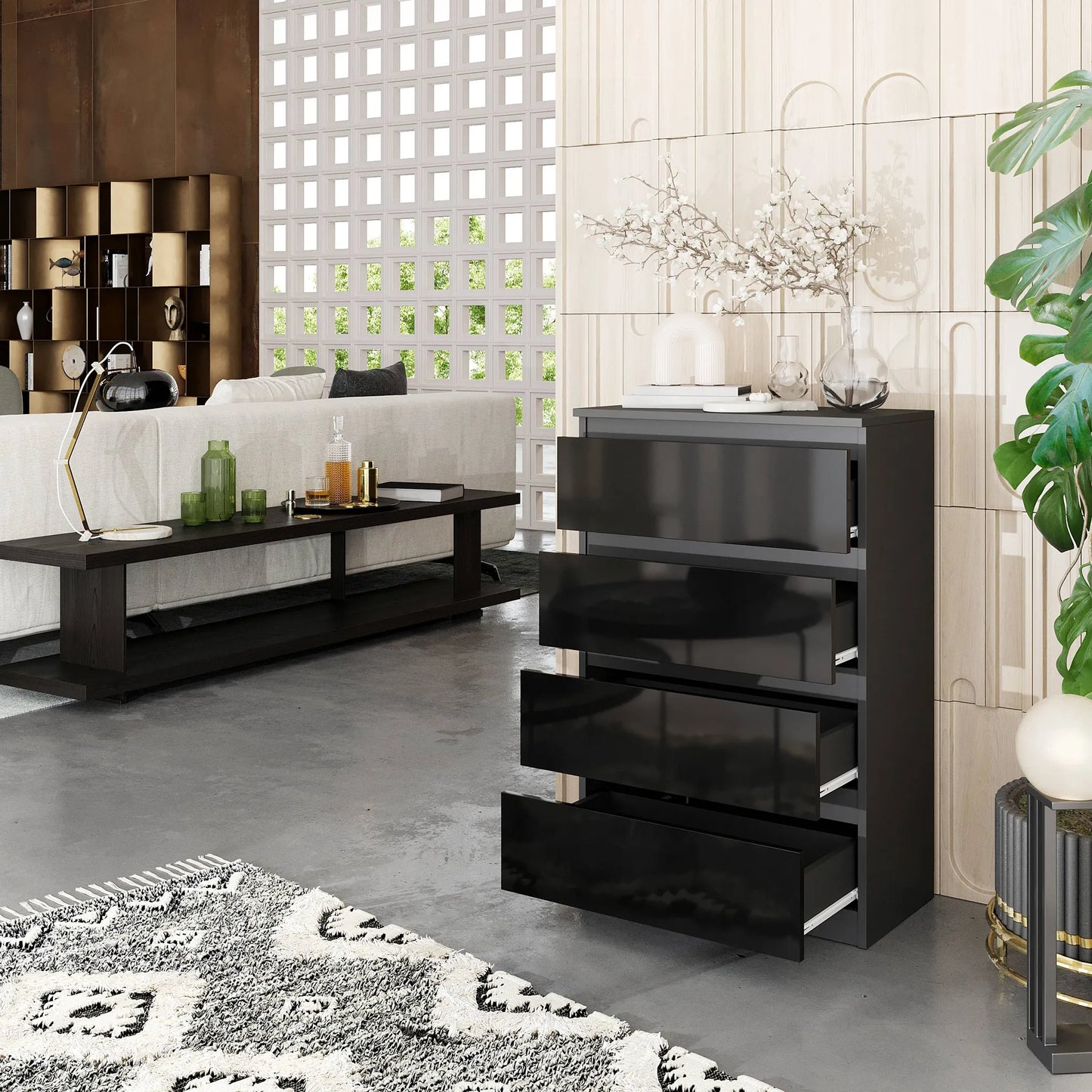 GABRIEL - Kommode / Sideboard mit 4 Schubladen - Anthrazit / Schwarz Gloss H92cm B60cm T33cm – Furnica