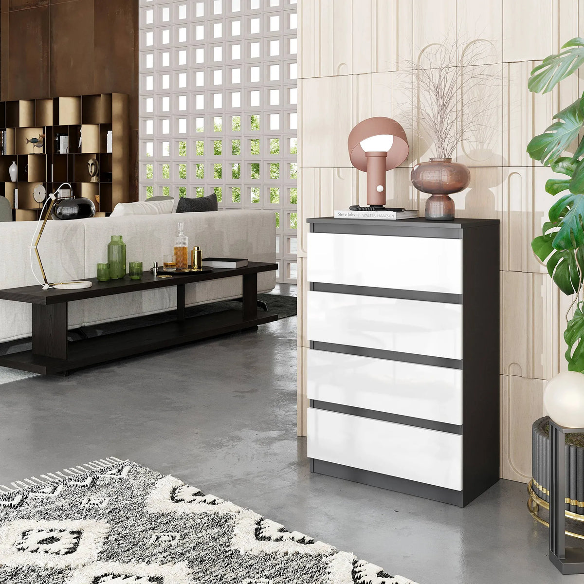 GABRIEL - Kommode / Sideboard mit 4 Schubladen - Anthrazit / Weiß Gloss H92cm B60cm T33cm – Furnica