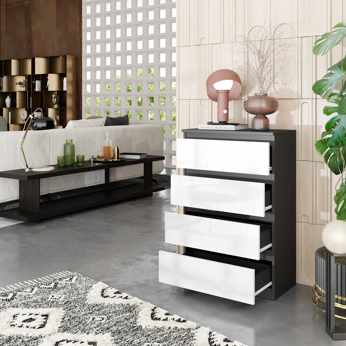 GABRIEL - Kommode / Sideboard mit 4 Schubladen - Anthrazit / Weiß Gloss H92cm B60cm T33cm – Furnica
