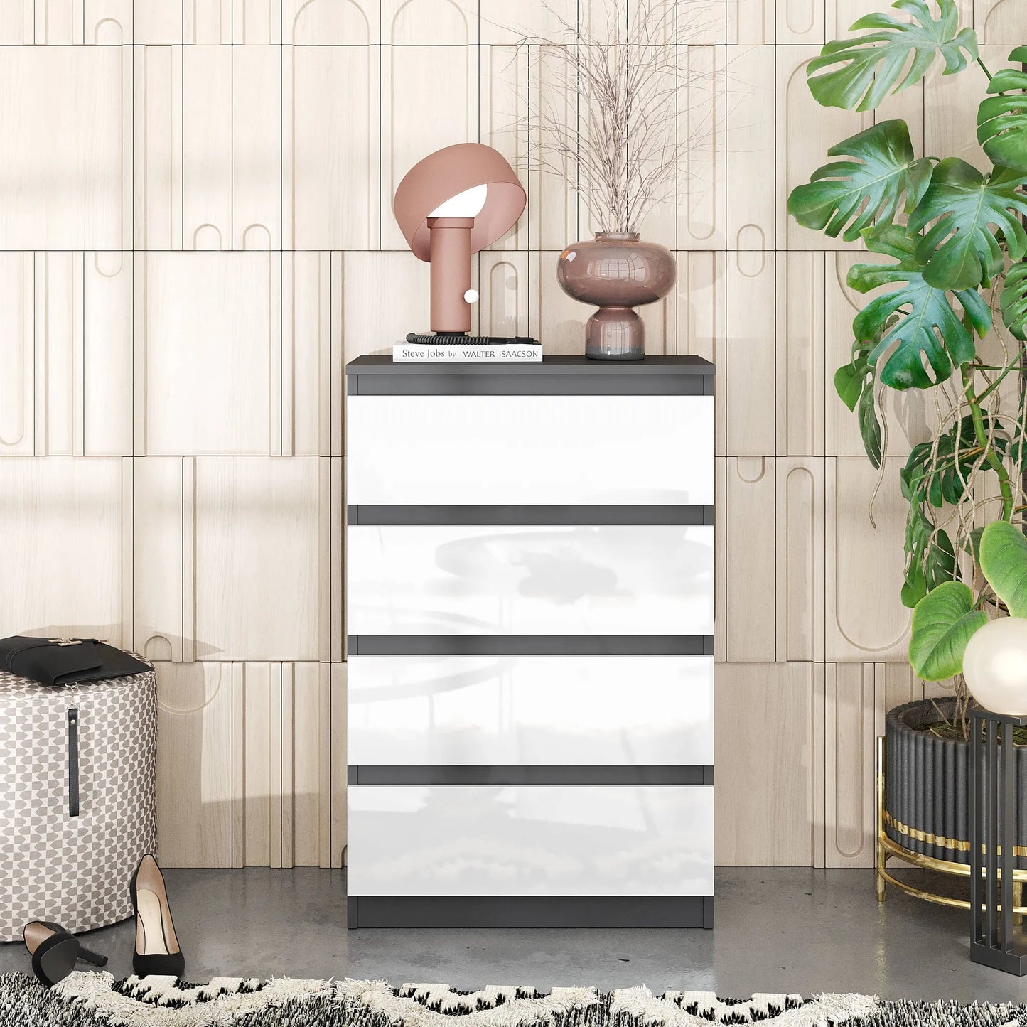 GABRIEL - Kommode / Sideboard mit 4 Schubladen - Anthrazit / Weiß Gloss H92cm B60cm T33cm – Furnica
