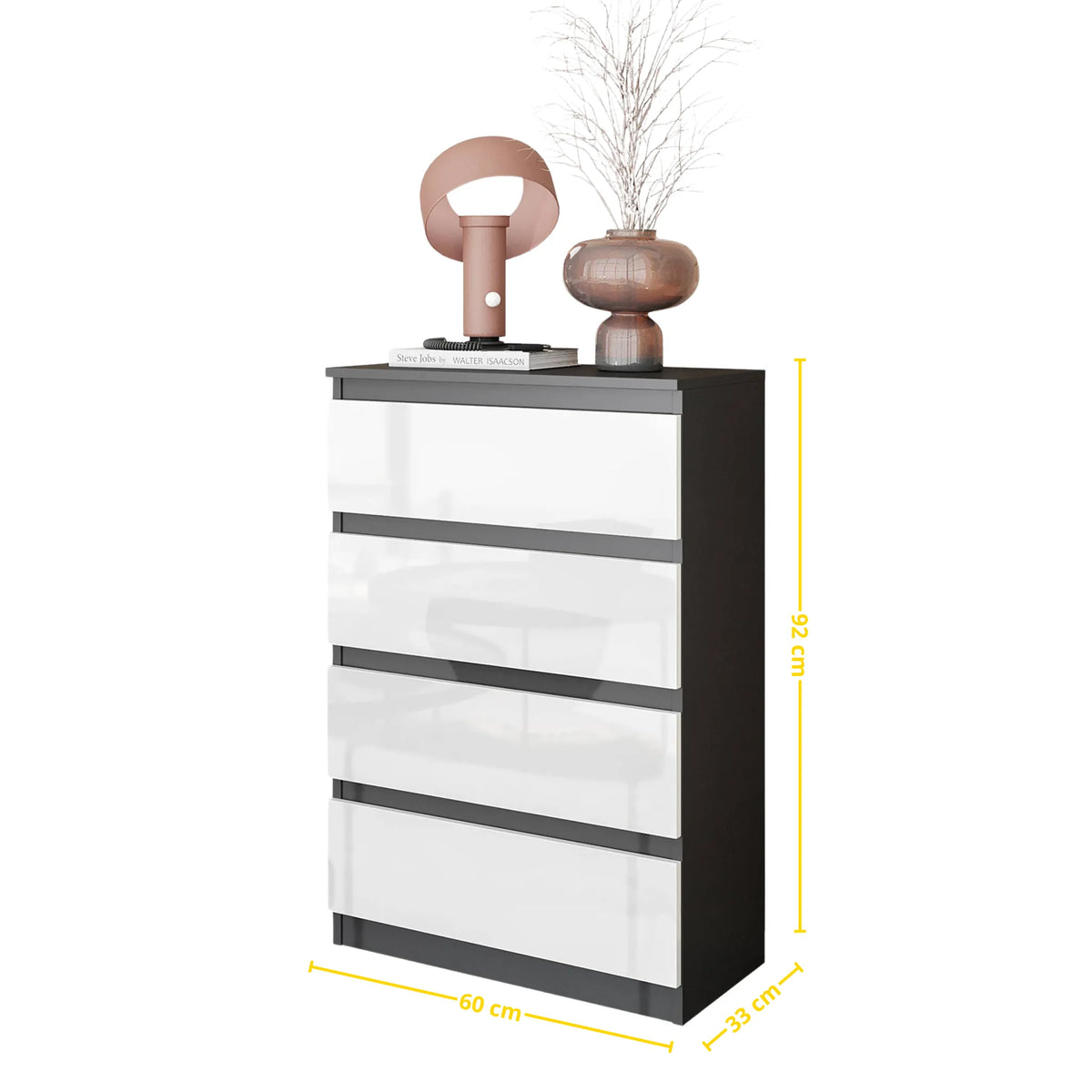 GABRIEL - Kommode / Sideboard mit 4 Schubladen - Anthrazit / Weiß Gloss H92cm B60cm T33cm – Furnica