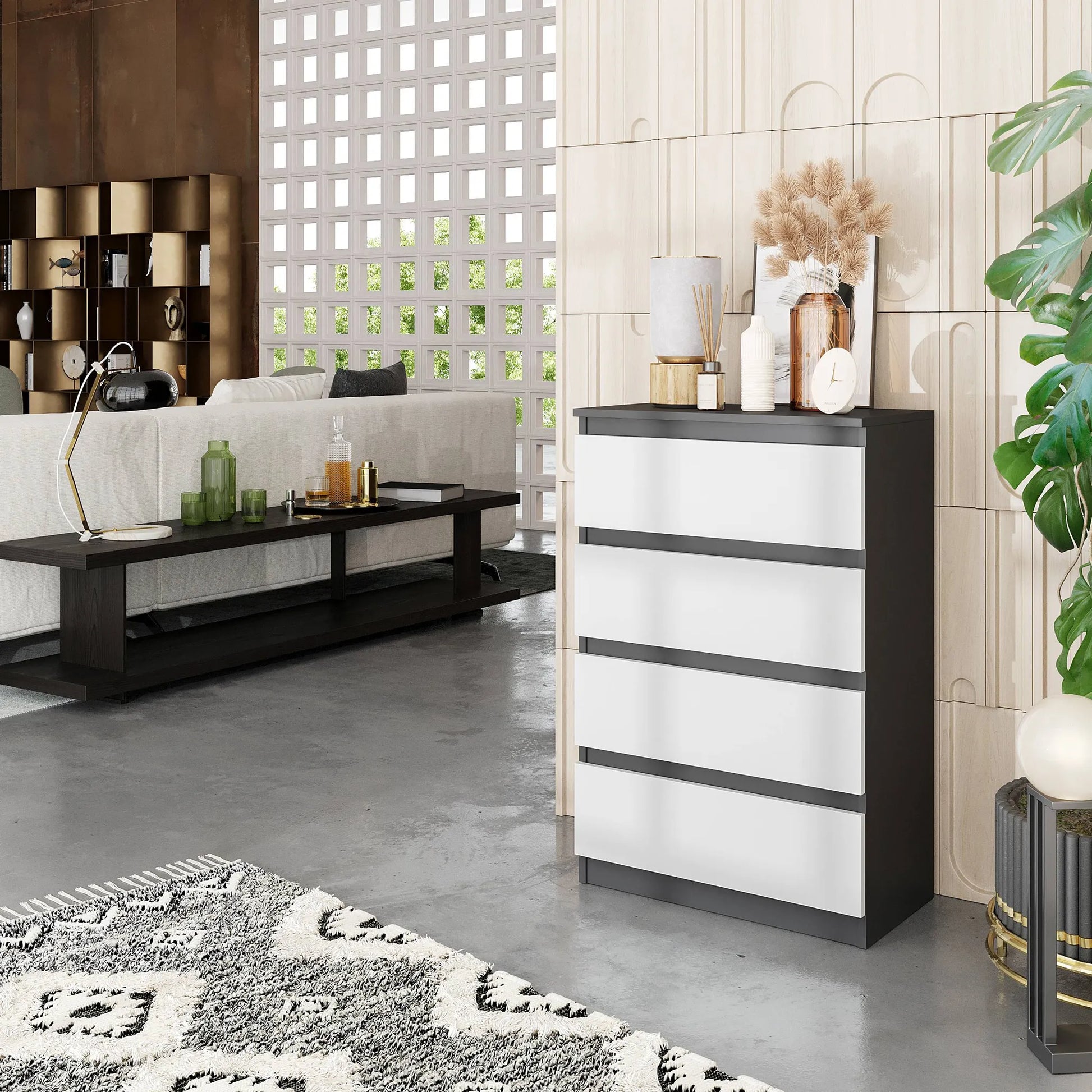 GABRIEL - Kommode / Sideboard mit 4 Schubladen - Anthrazit / Weiß Matt H92cm B60cm T33cm – Furnica