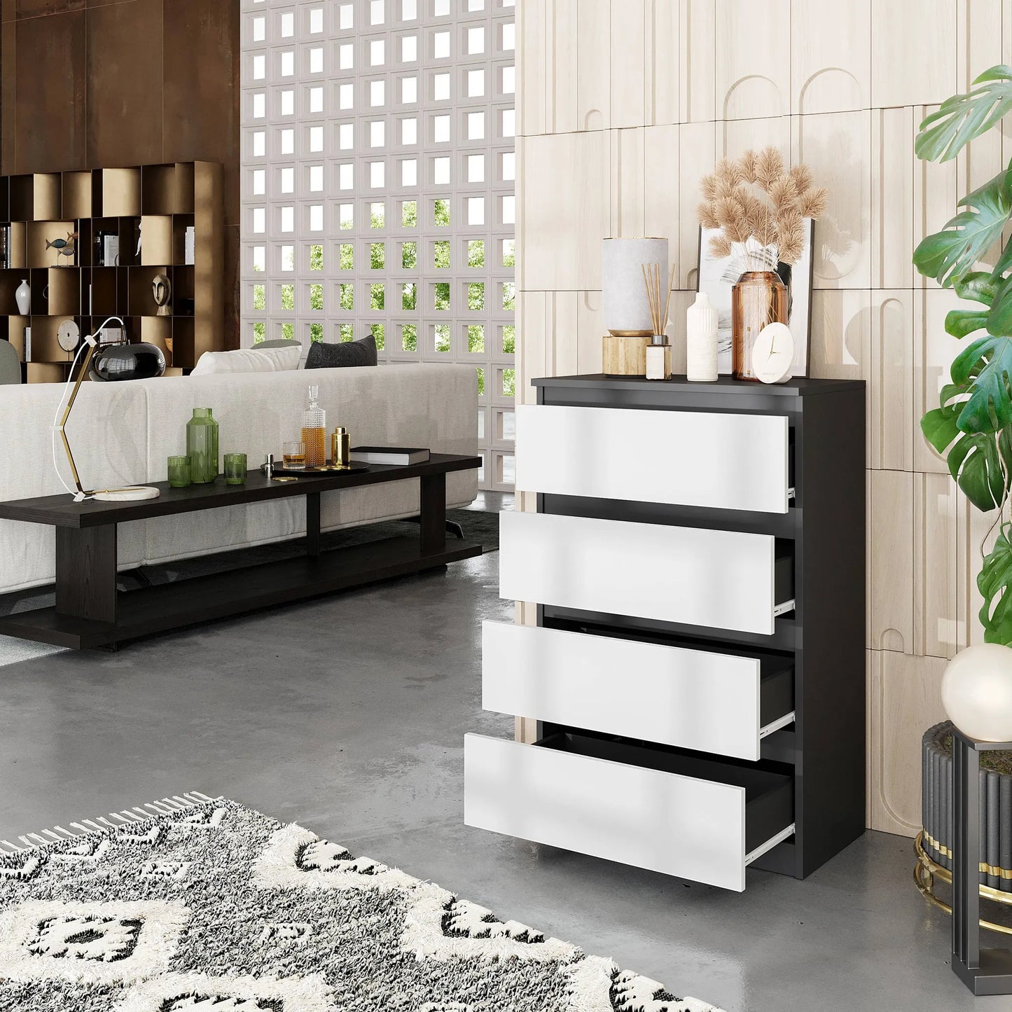 GABRIEL - Kommode / Sideboard mit 4 Schubladen - Anthrazit / Weiß Matt H92cm B60cm T33cm – Furnica