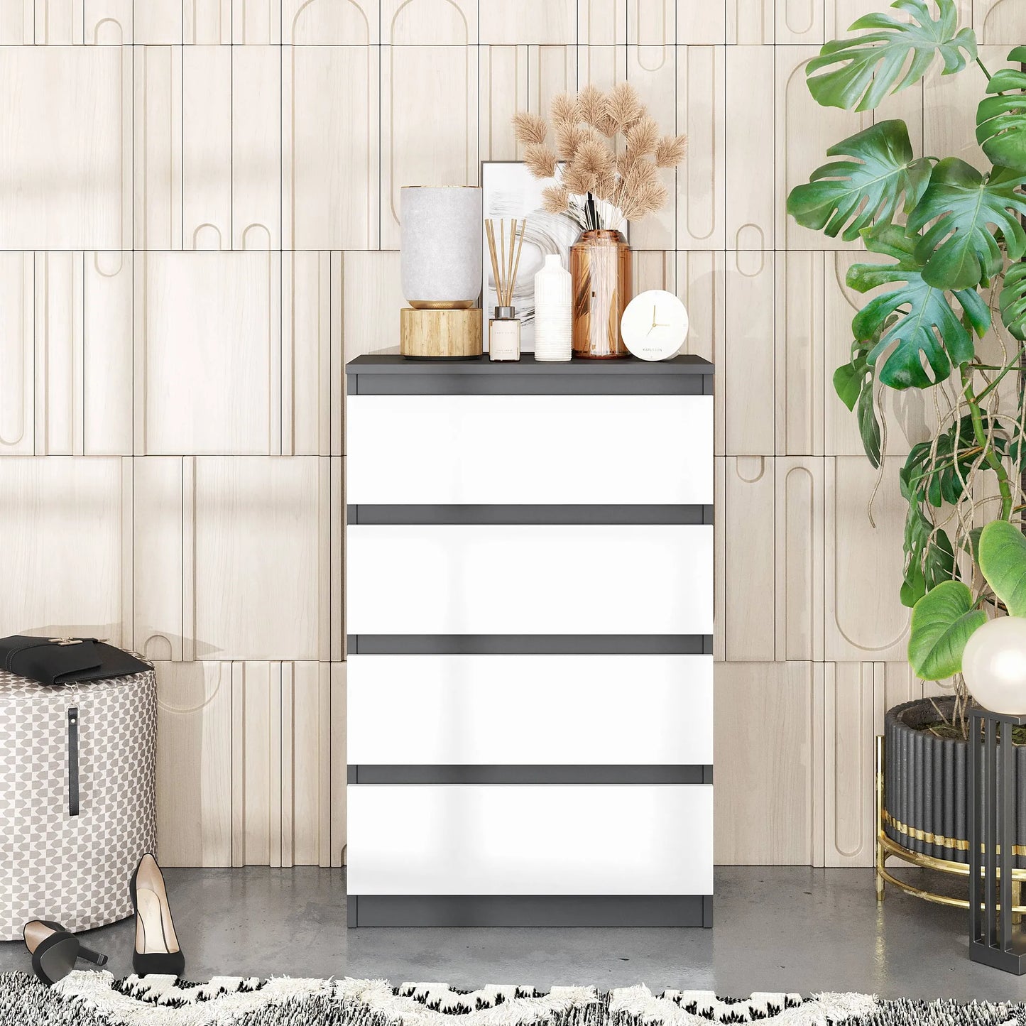 GABRIEL - Kommode / Sideboard mit 4 Schubladen - Anthrazit / Weiß Matt H92cm B60cm T33cm – Furnica