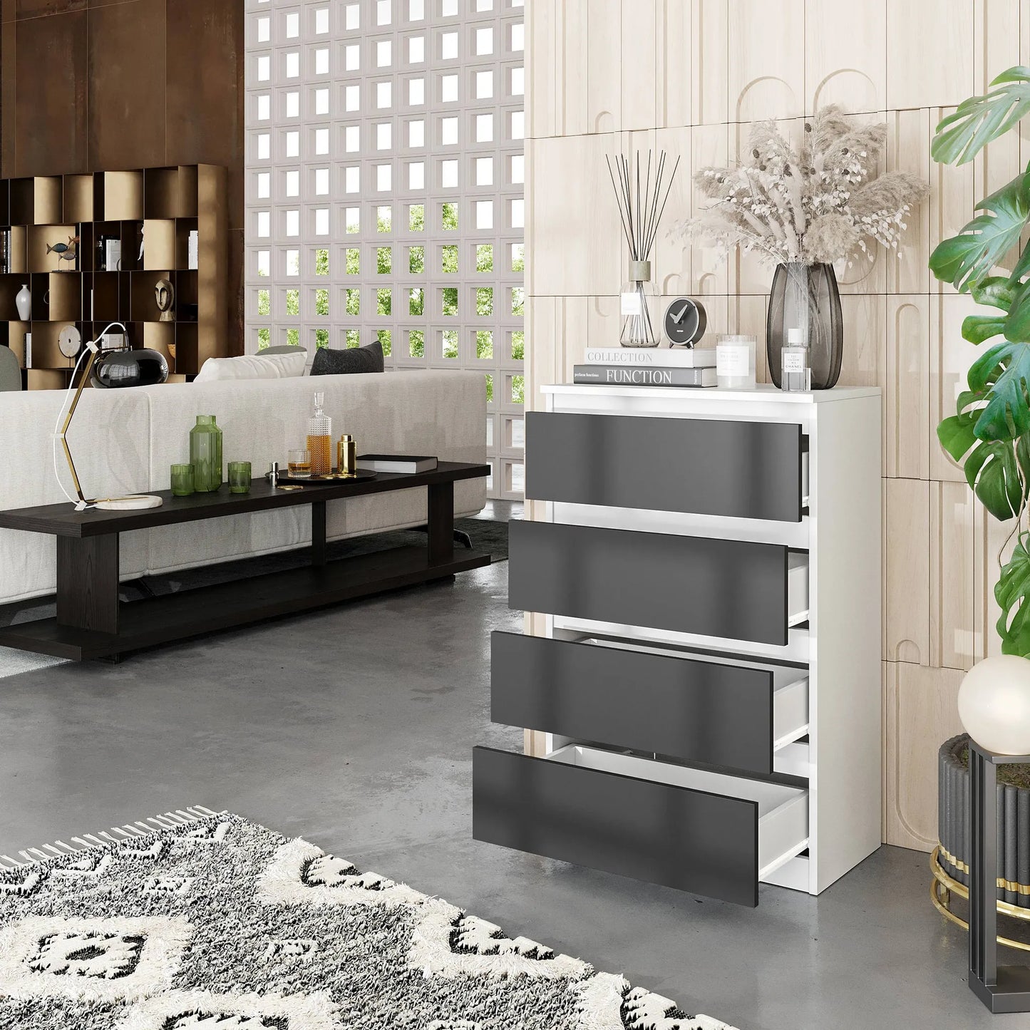 GABRIEL - Kommode / Sideboard mit 4 Schubladen - Weiß Matt / Anthrazit H92cm B60cm T33cm – Furnica