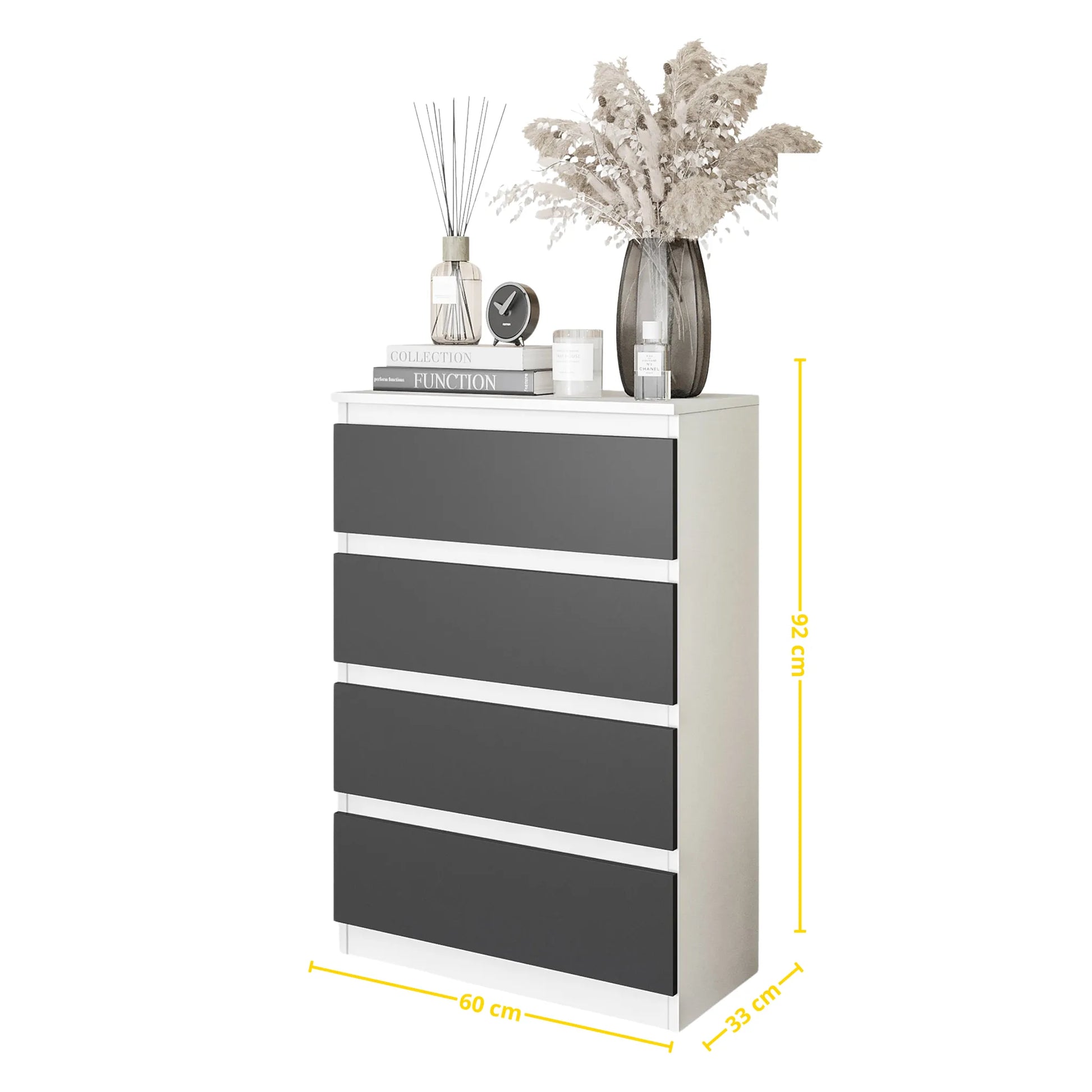 GABRIEL - Kommode / Sideboard mit 4 Schubladen - Weiß Matt / Anthrazit H92cm B60cm T33cm – Furnica