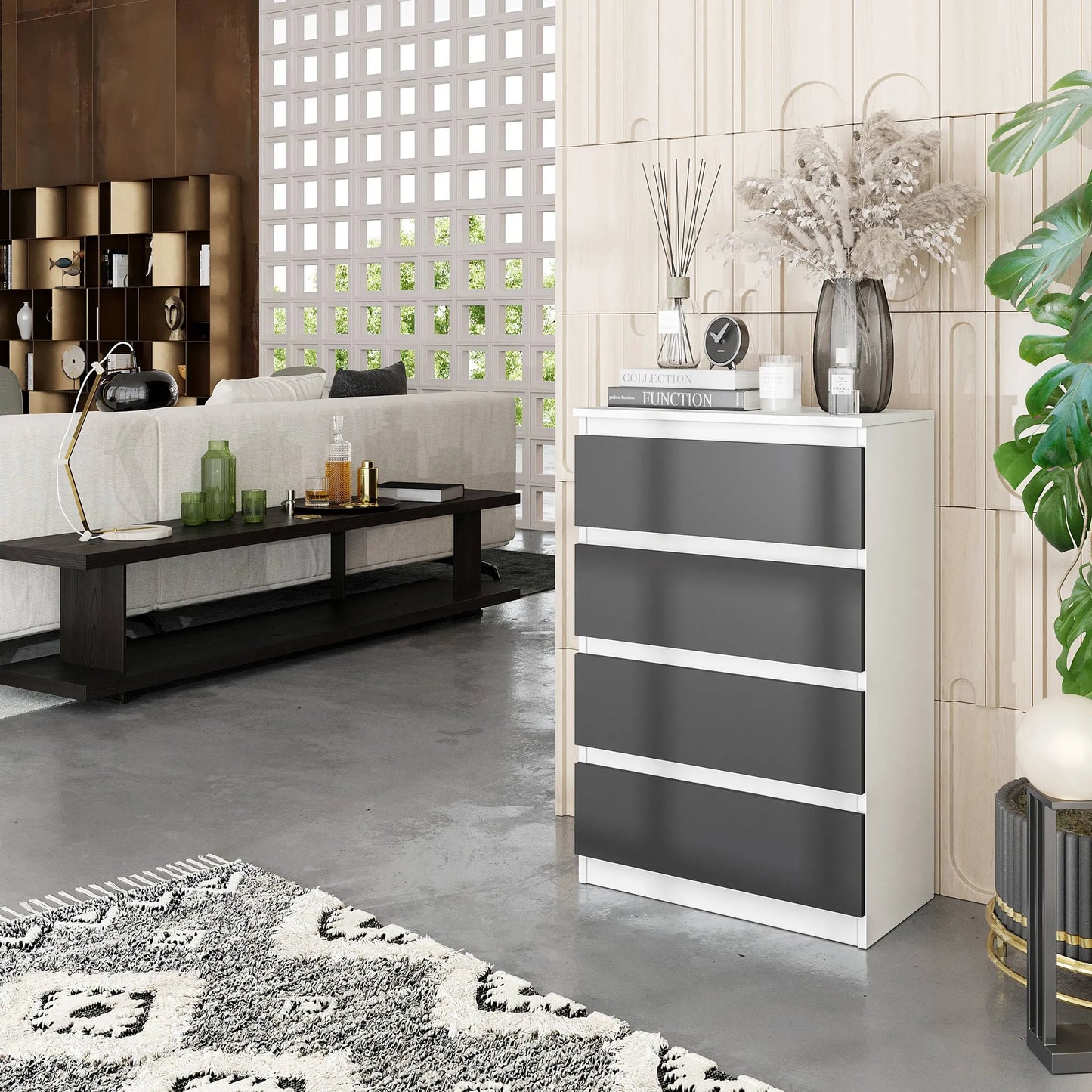 GABRIEL - Kommode / Sideboard mit 4 Schubladen - Weiß Matt / Anthrazit H92cm B60cm T33cm – Furnica